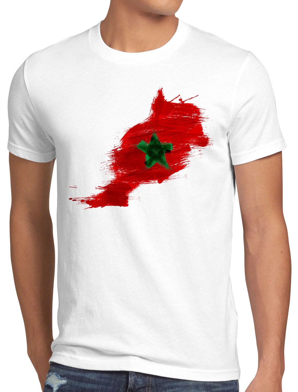 style3 Print-Shirt Herren T-Shirt Flagge Marokko Fußball Sport Morocco WM EM Fahne weiß