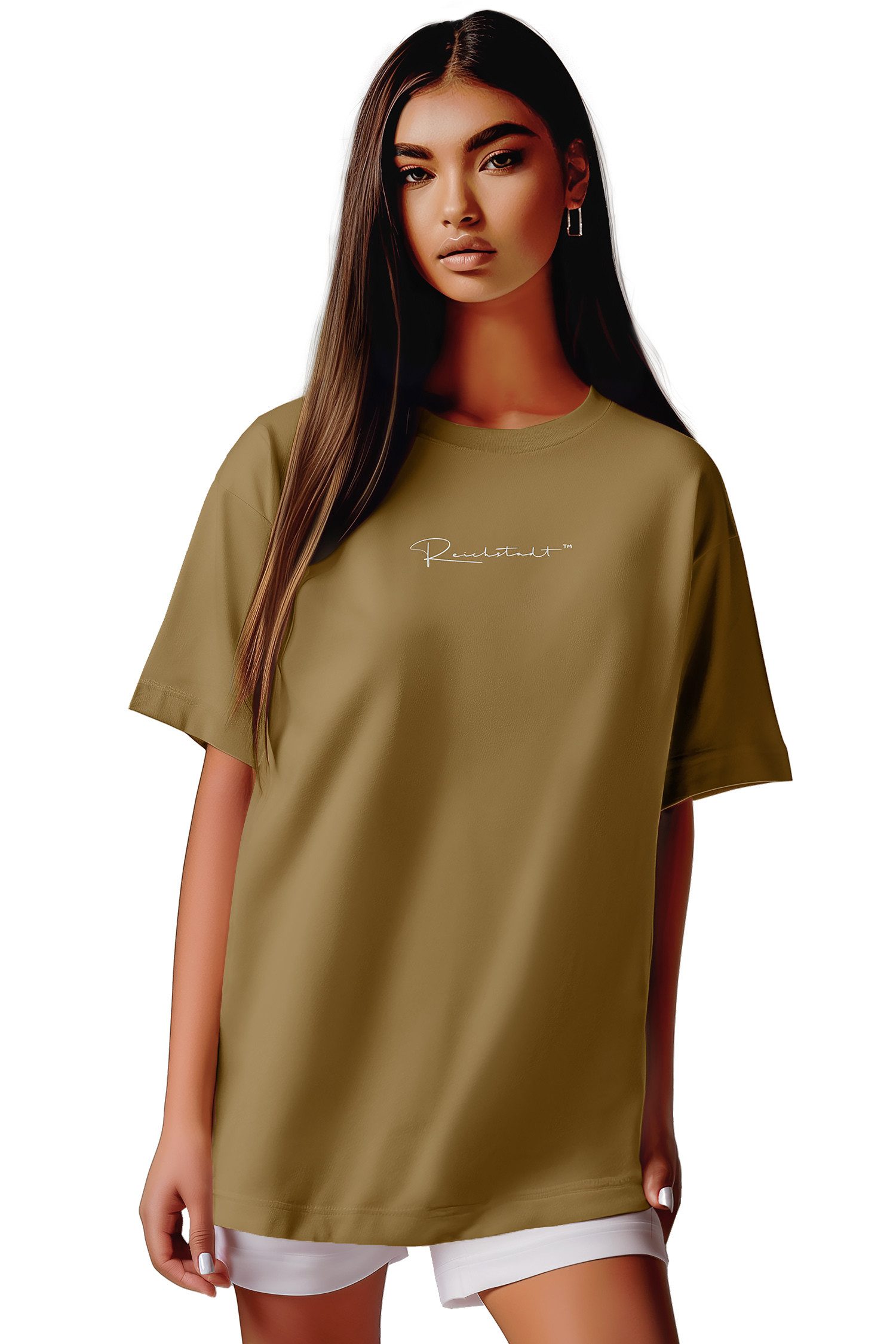 Reichstadt Oversize-Shirt Damen Oversized Kurzarmshirt Brand Stick 23RSW044 mit Stitching am Kragen