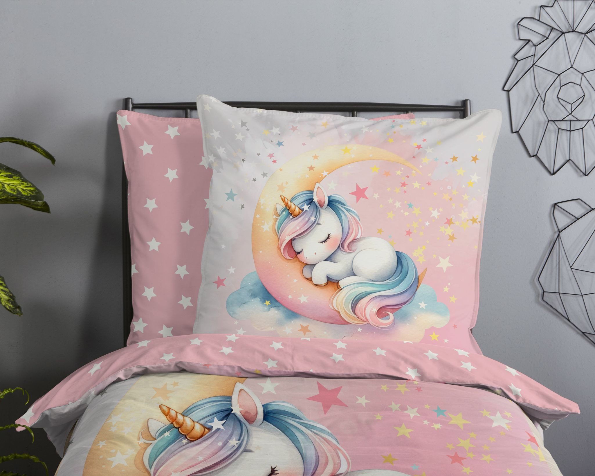 good morning Kinderbettwäsche Molly Unicorn, Renforcé, 2 teilig, Baumwolle, Renforcé, Wendeoptik, Kind, Mädchen, Mond, Einhorn, Pferd – Bild 3 von 5