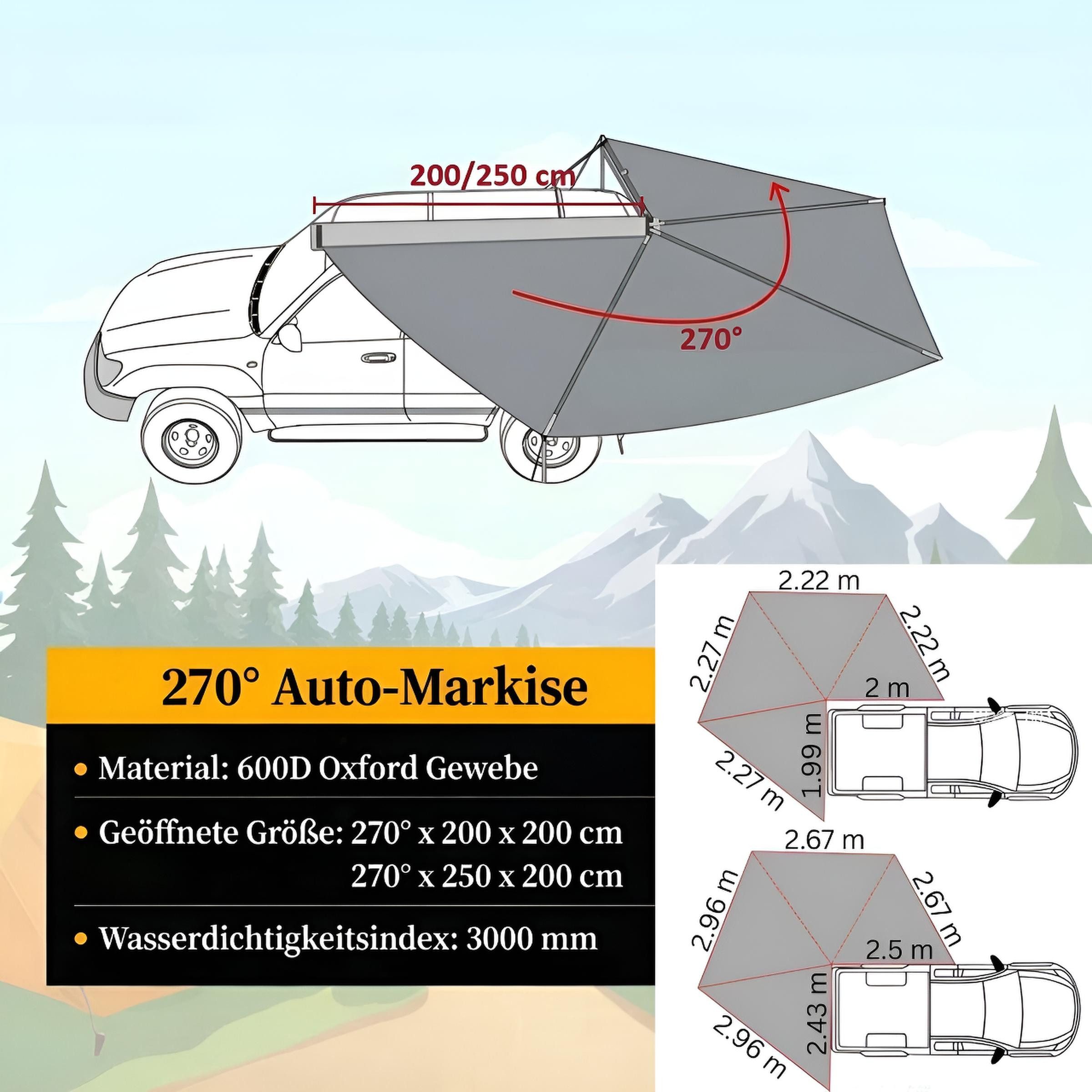 TZIpower Markisenvorzelt 270° Autodachmarkise Auto Markise, Vordach, Dachzelt Schwarz/Grau LED