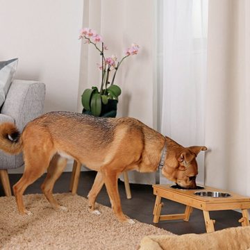 lionto Futternapf Hundenapf aus Bambus, Futterstation, Edelstahl, höhenverstellbar von 14,5 cm bis 18,5 cm