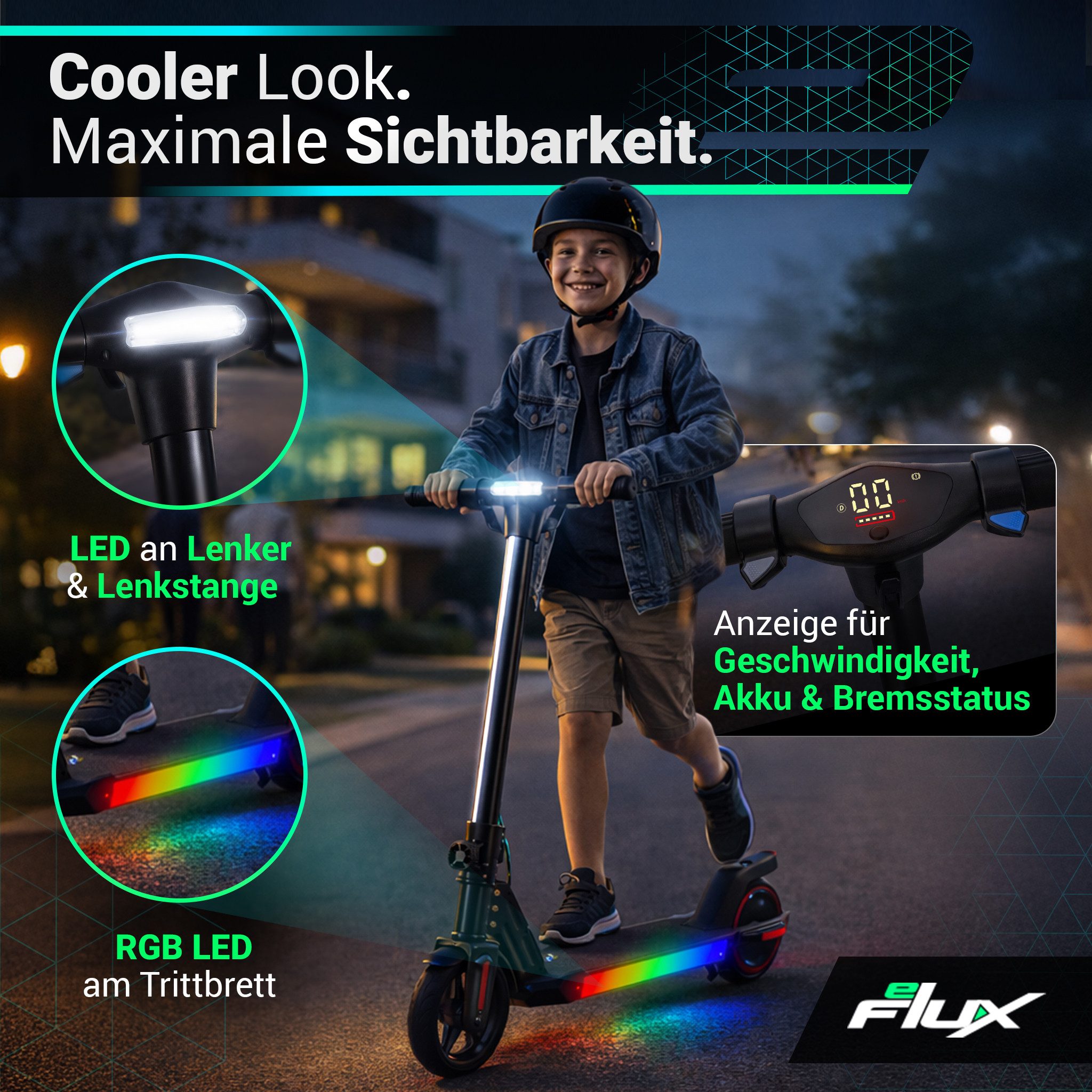 eFlux Elektro-Kinderroller Kids K1 E-Scooter bis zu 16 km/h ab 6 Jahren, Escooter für Kinder, E Roller für Kinder, E scooter