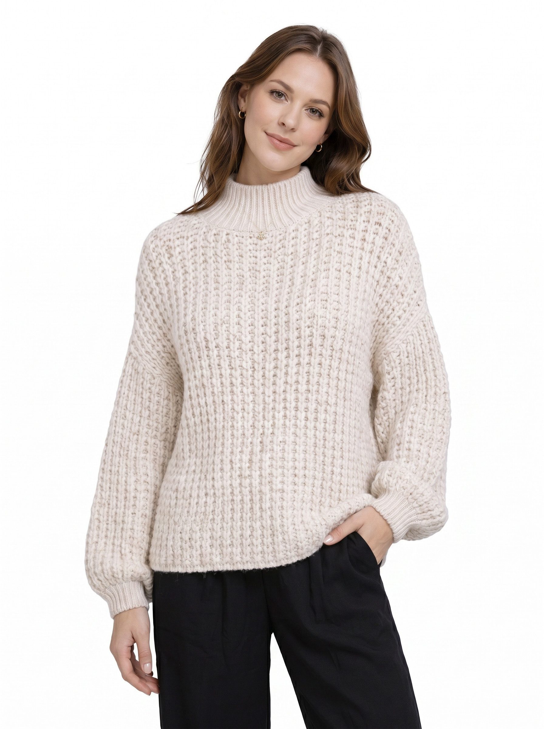 ITALY VIBES Strickpullover - Pullover - Grobstrick - Stehkragenpullover Strick Damen - Wollpullov ONE SIZE / passend für Größe M - XXL