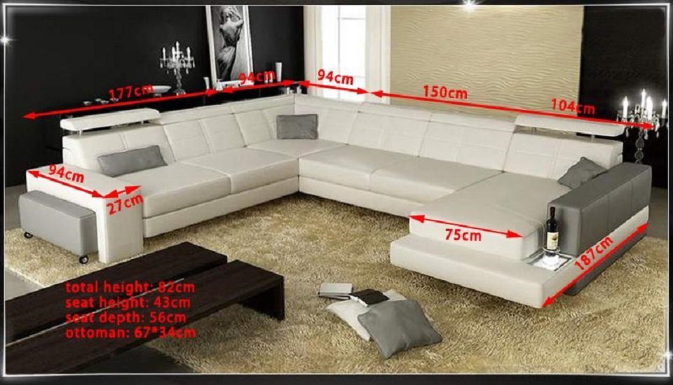 Wohnlandschaft Made Polster Europe Ecksofa in Designer Weiß/Grau JVmoebel Ecksofa U-Form Couch Garnitur,