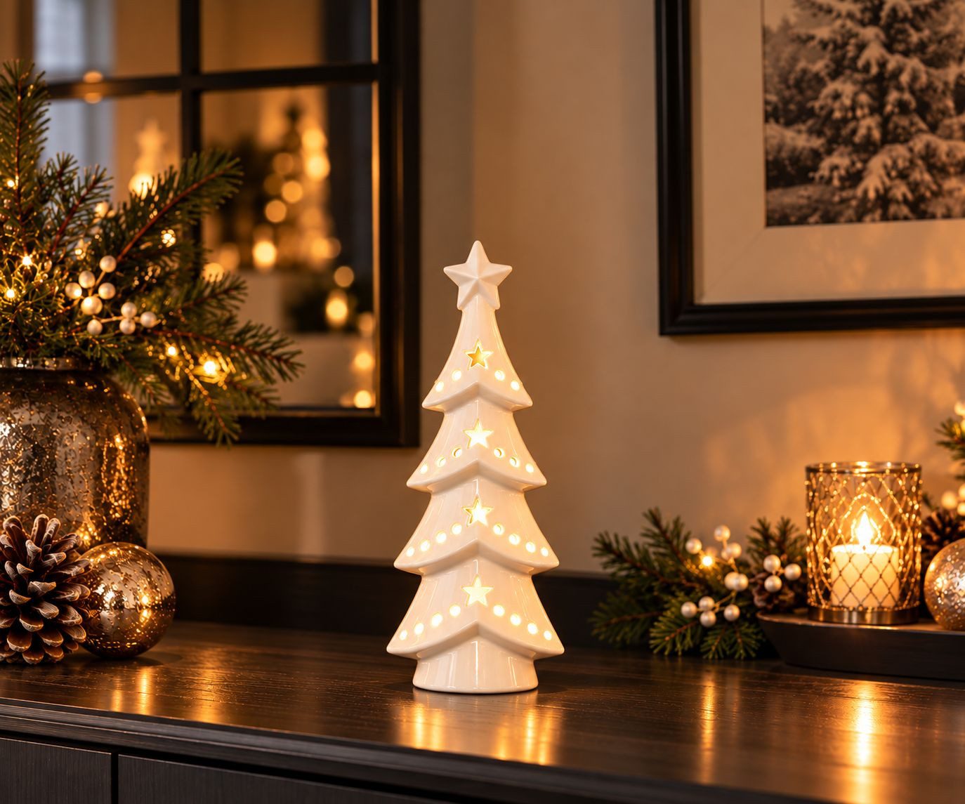 TIZIANO - DESIGN & EMOTIONS Dekoobjekt Deko Baum Medora LED Keramik creme-weiß mit Timer 24 oder 32cm