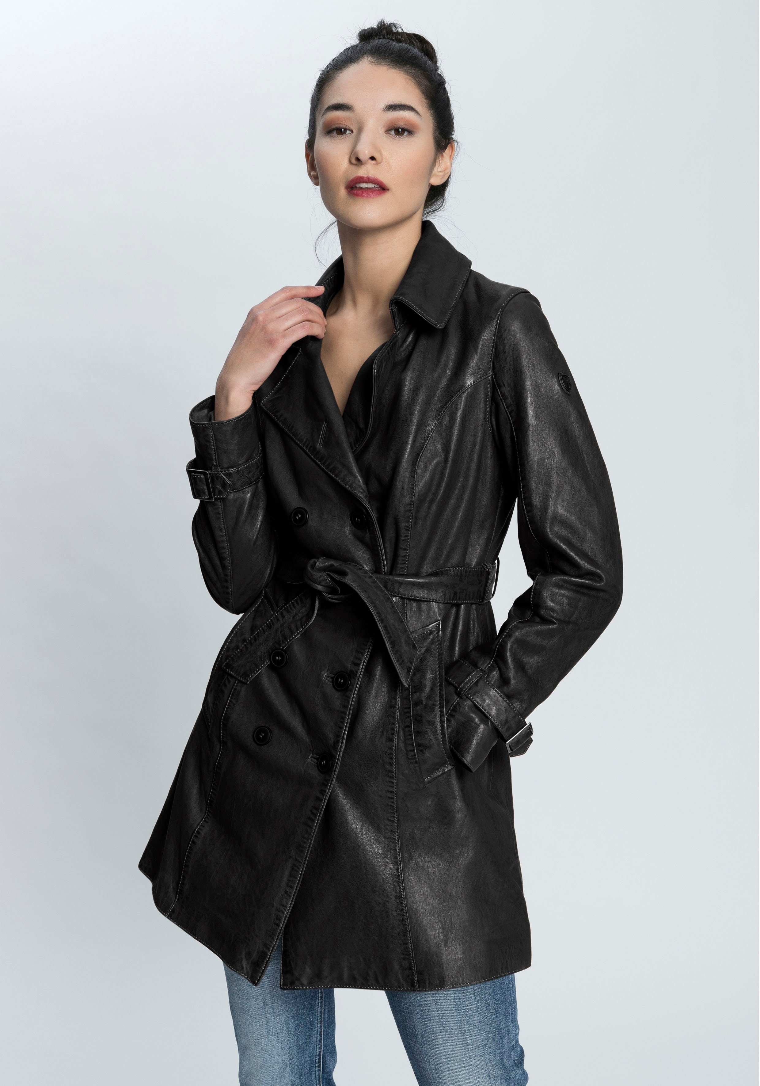 Taresa femininer (2-tlg., Ledermantel mit mit Leder-Trenchcoat Gipsy Bindegürtel) black Bindegürtel