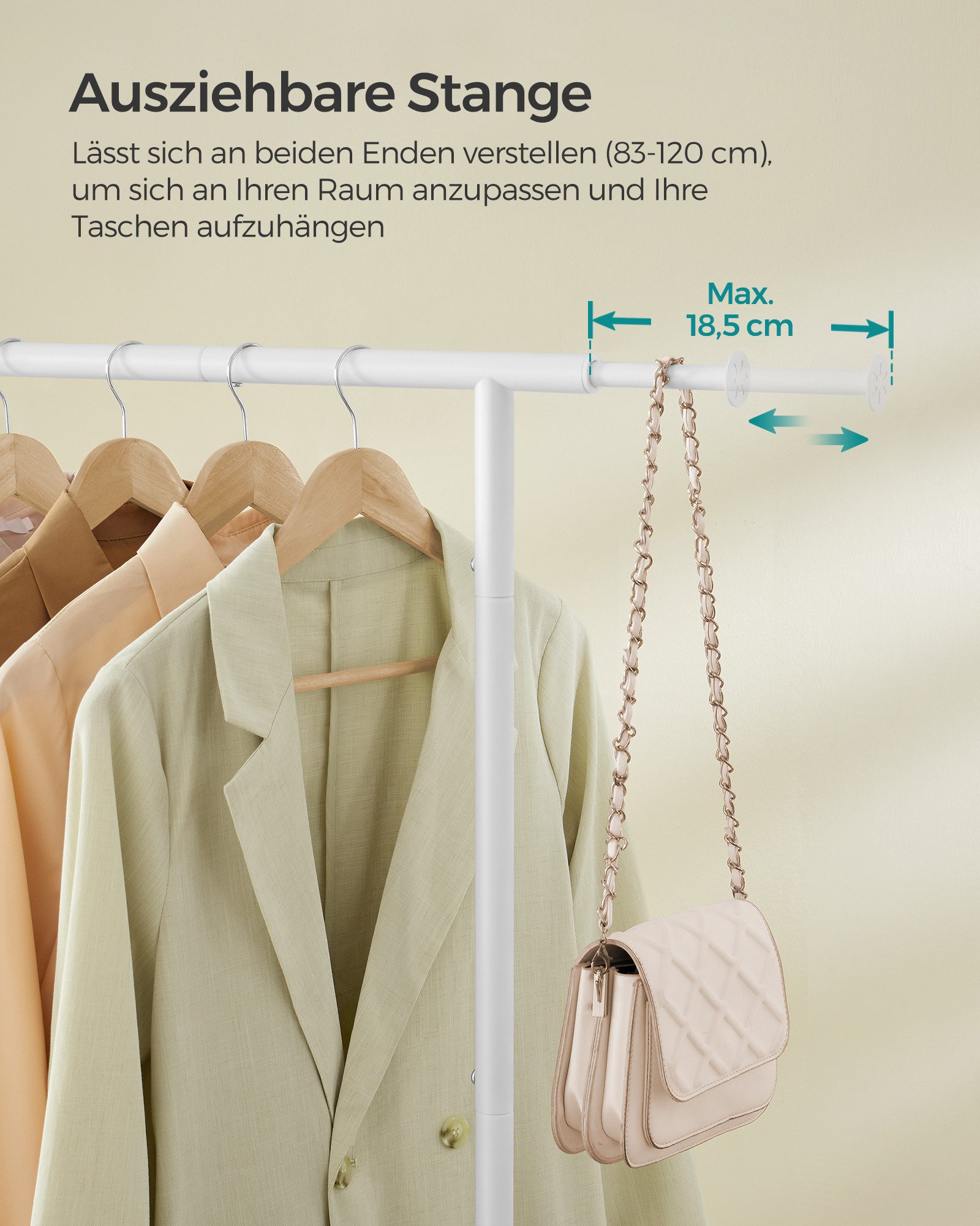 SONGMICS Kleiderständer ausziehbare Kleiderstange, Garderobenständer, 40 x (83-120) x 156 cm, (auf Rollen), Stahlrohren, erhöhte Ablagestange, bis 45 kg belastbar, wolkenweiß