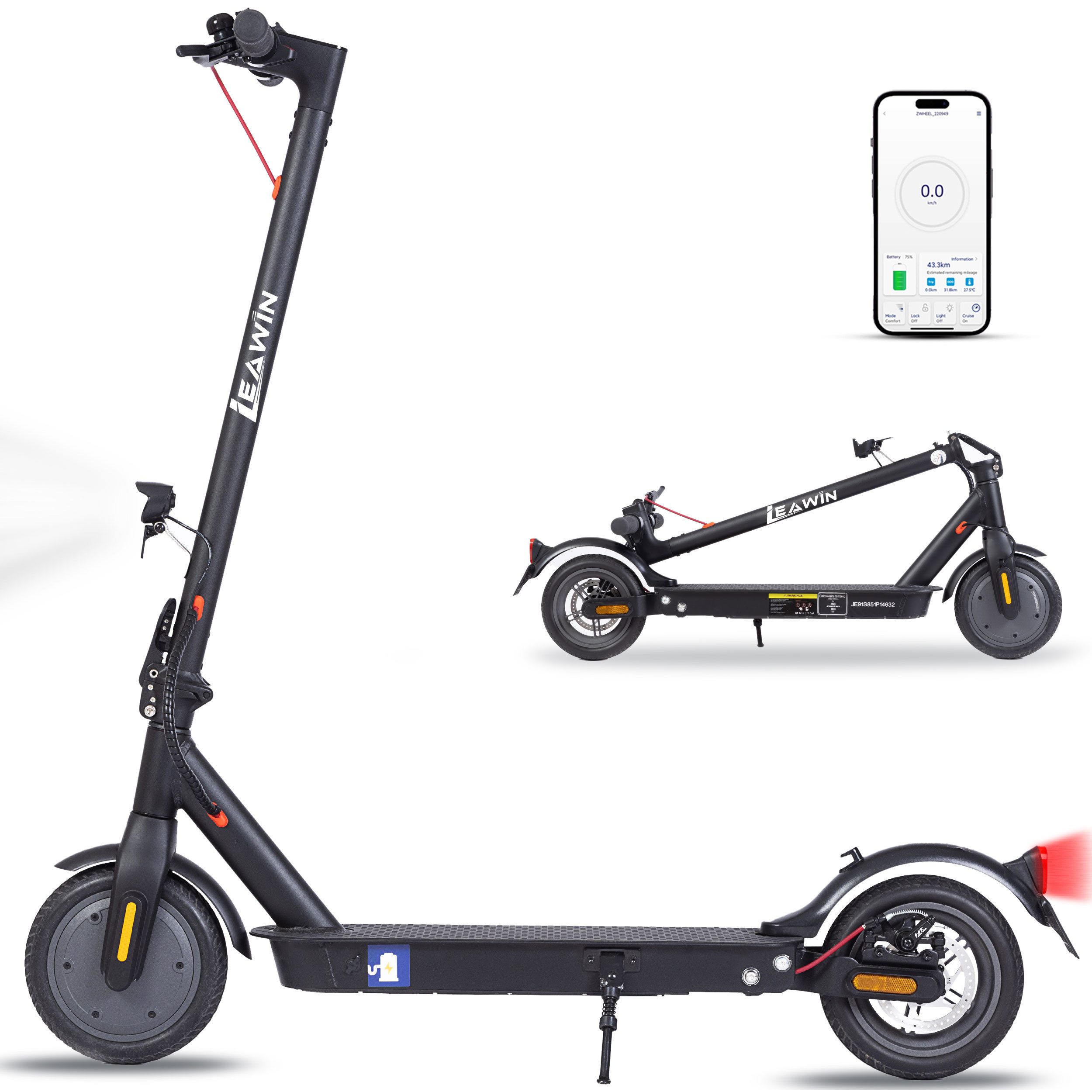 Leawin E-Scooter mit Straßenzulassung, 8,5 Zoll Elektroroller, klappbar, max. 40km, 350,00 W, 20,00 km/h, (mit App, Federung, Doppelbremssystem), E-roller, Vollgummireifen, nur 12,5kg, ab 14 Jahre