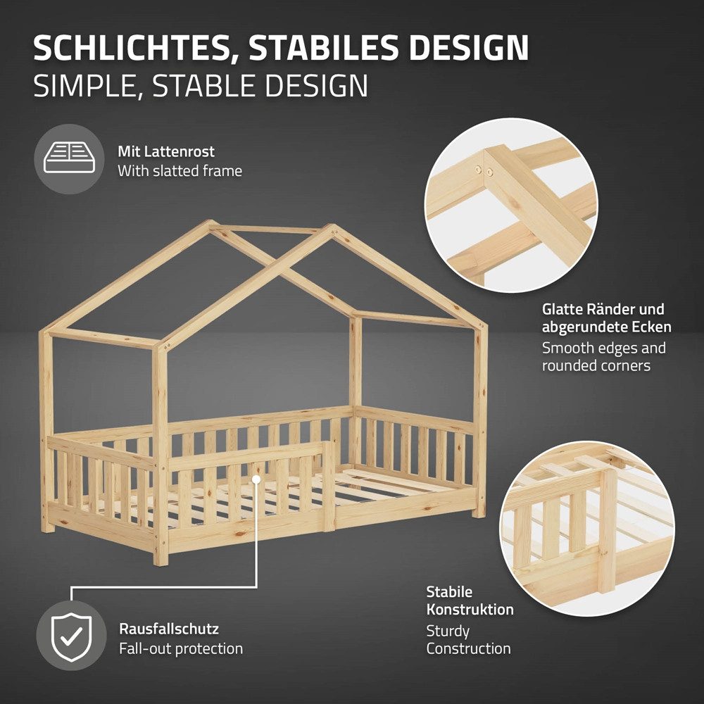 ML-DESIGN Spielbett Hausbett Kinderbett inkl. Lattenrost & Rausfallschutz Kinder Bodenbett, Abenteuerbett 80x160cm mit Matratze Himmelbett Kiefer Jugendbett Nat – Bild 4 von 5