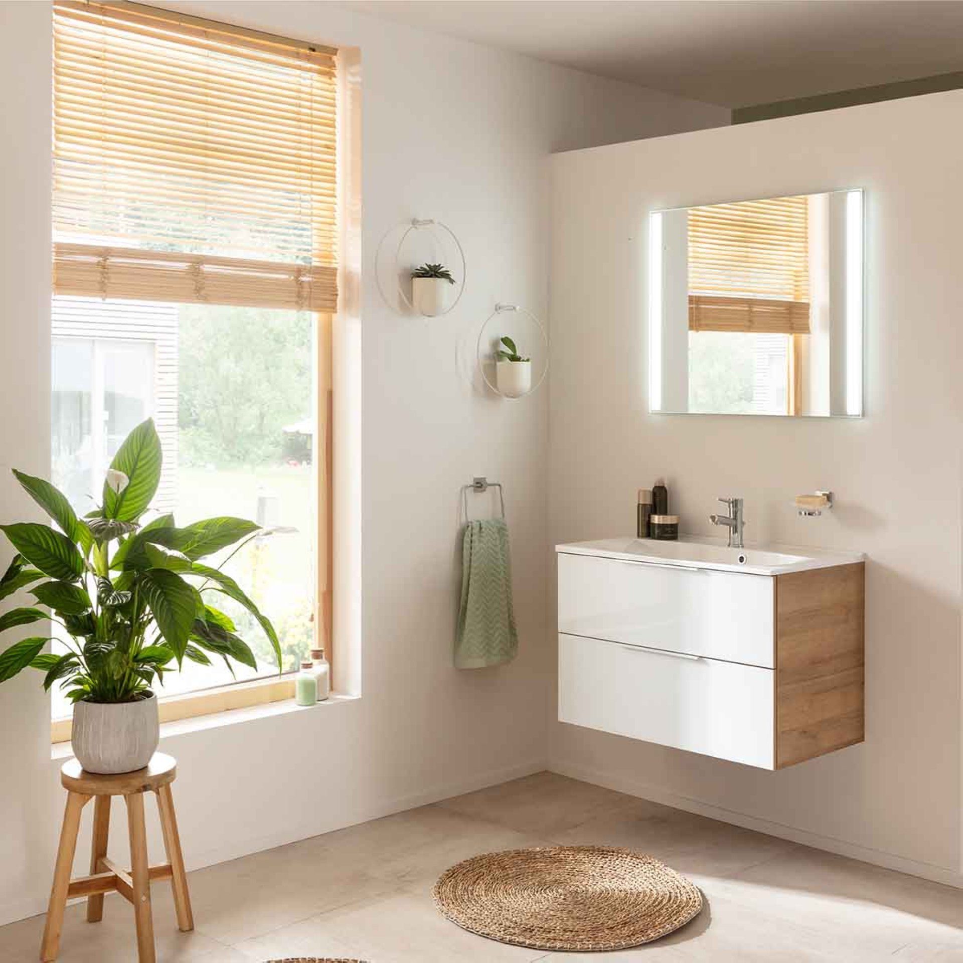 FACKELMANN Badmöbel-Set B. BRILLANT Becken, Unterschrank, LED-Spiegel 3-teilig 80cm Gussmarmor