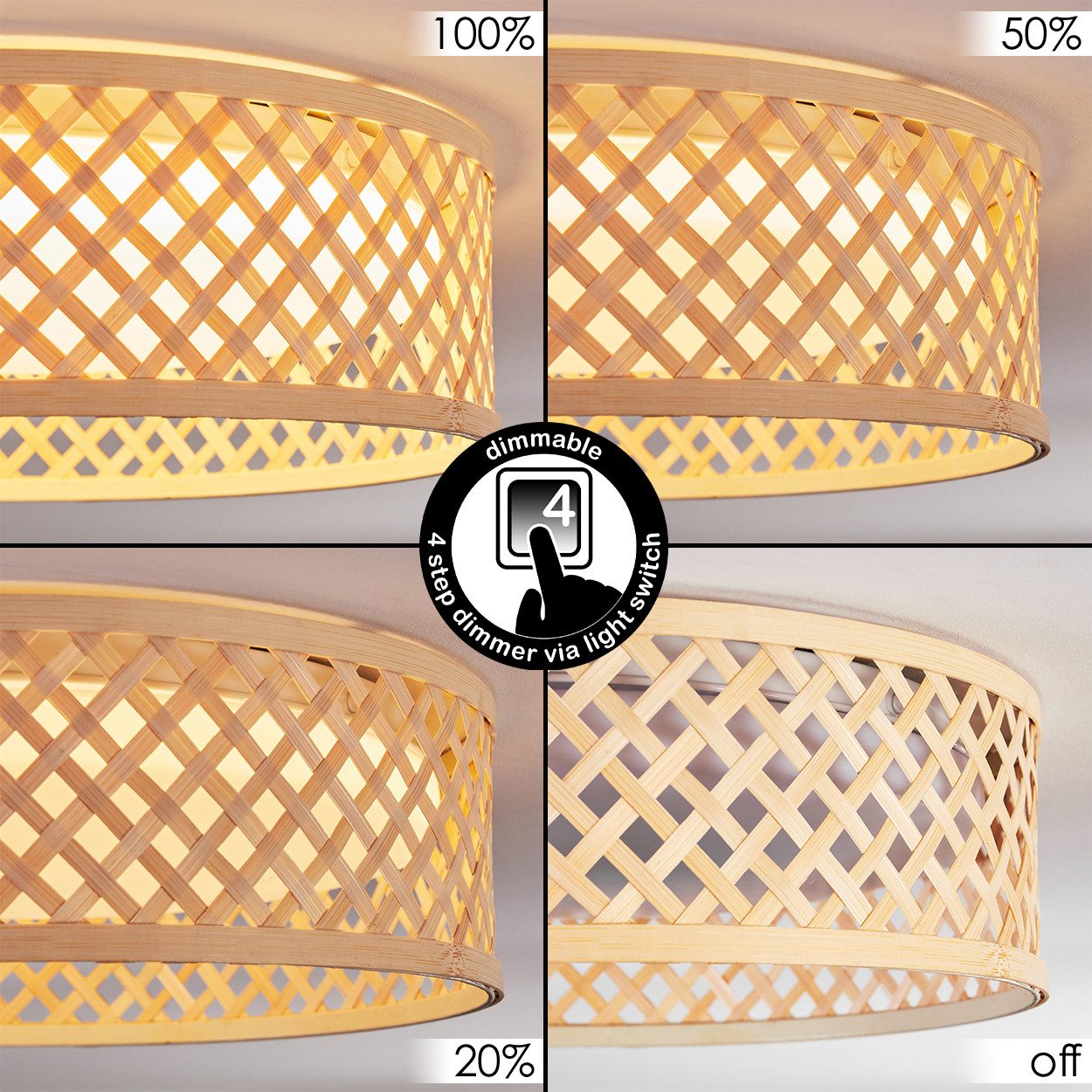 hofstein Deckenleuchte Deckenlampe aus Metall/Bambus/Kunststoff in Weiß/Natur im Boho-Design, ohne Leuchtmittel, moderne Deckenleuchte, dimmbar über Wandschalte – Bild 2 von 5