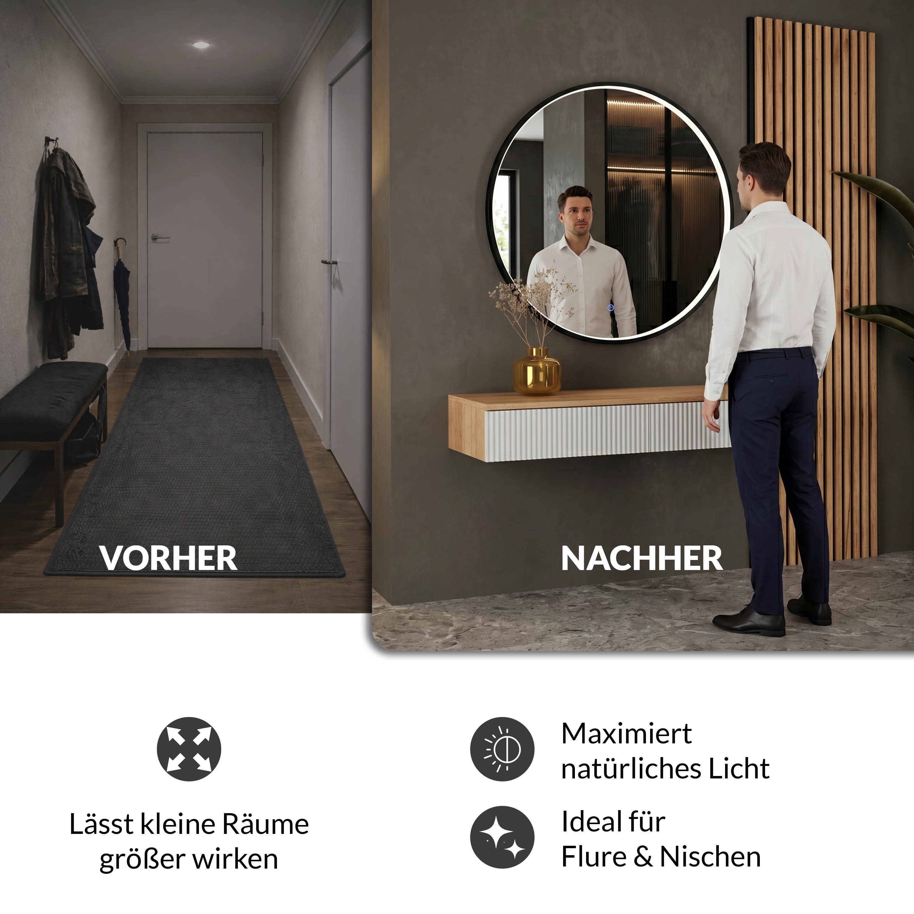 Planetmöbel Konsolentisch AMYRA Flurtisch 100 cm, VELUNA Spiegel mit Beleuchtung 60 - 100 cm (Konsolentisch 100 cm, inkl. Spiegel mit Beleuchtung rund 80x80 cm), Wandkonsole & Wandspiegel Flur Set
