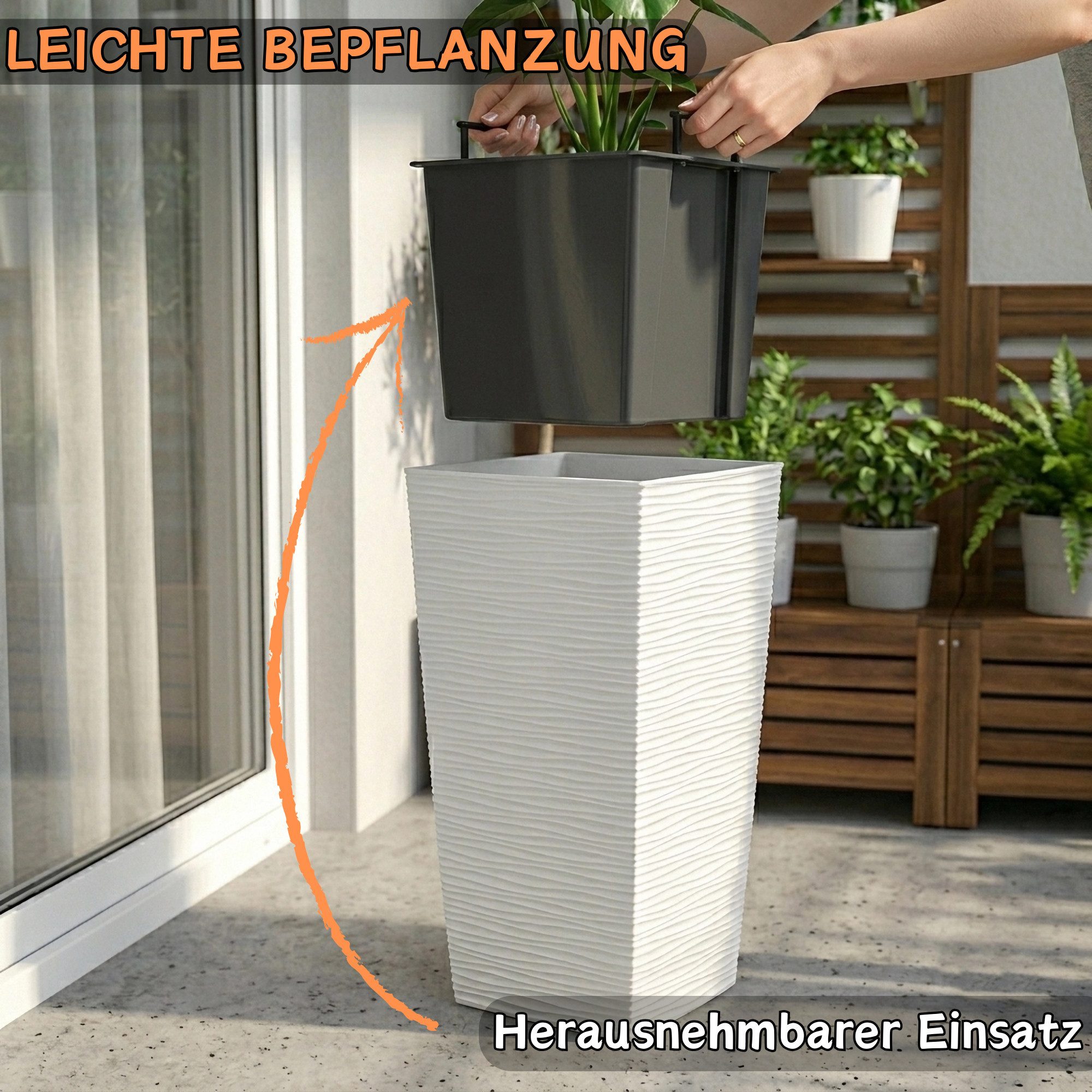Engelland Pflanzkübel Blumentopf mit herausnehmbarem Einsatz (1 St., robuster PP-Kunststoff), Pflanztopf mit Wellenoptik, hoch, quadratisch, modern, UV-resisten – Bild 4 von 5