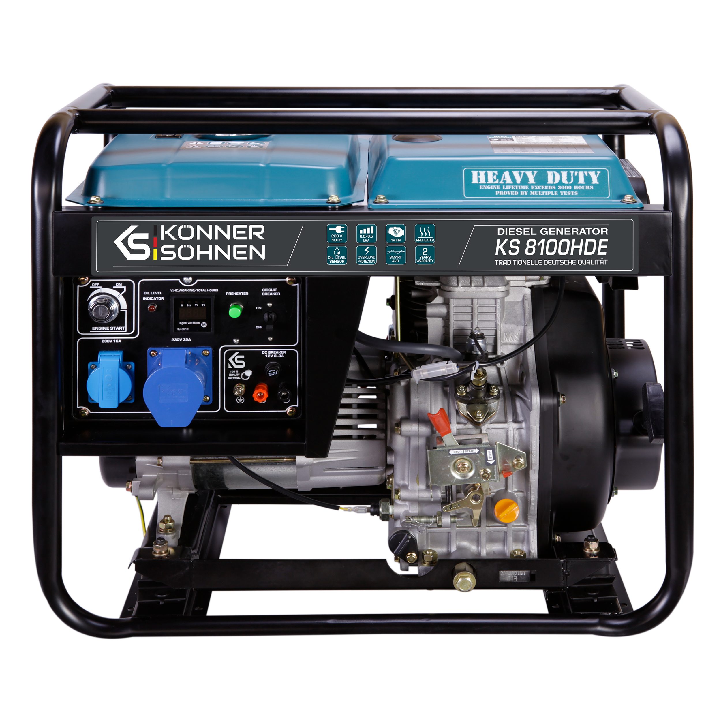Könner & Söhnen Stromerzeuger KS 8100HDE, 6,50 in kW, (Diesel Stromerzeuger, 1-tlg., 6.5 kW Höchstleistung, 14.0 PS KS 480HD & 100% Kupfer), E-Start, Vorwärmer, 32mm Rahmen, AVR, LED-Display