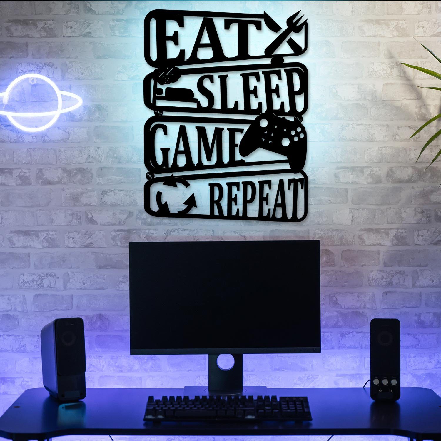 Namofactur LED Dekolicht Eat Gamer Fernbedienung USB Wanddekoobjekt Leuchte LED Farbwechsel, Schwarz Repeat Wanddeko - Licht RGB Game fest Wohnzimmer mit Sleep Farbwechsel, mit RGB integriert