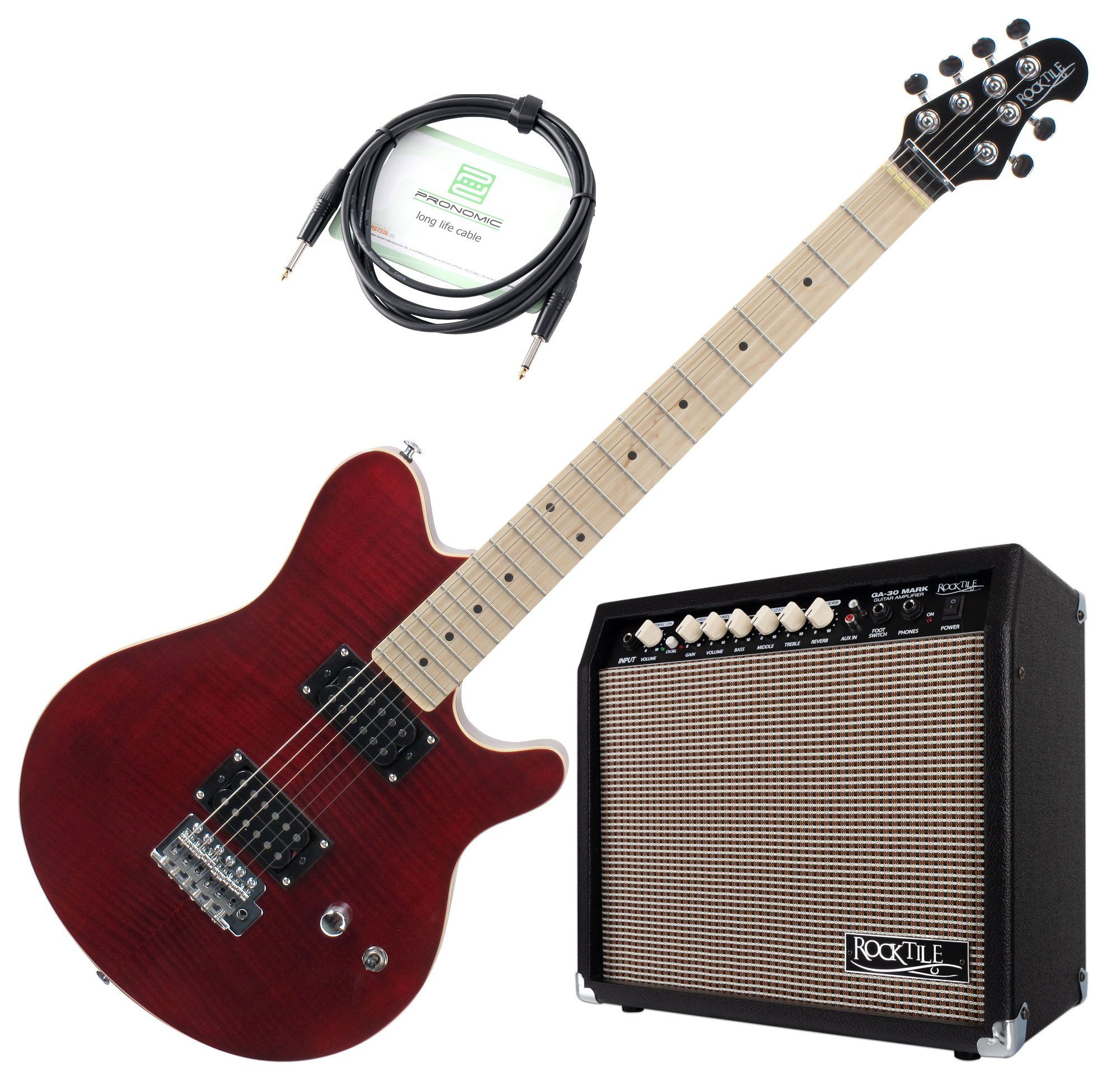 Rocktile E-Gitarre Pro MM150-TR elektrische Gitarre, Spar-Set, inkl. Gitarrenverstärker, Vintage String Thru Tremolo