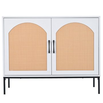 Merax Sideboard mit verstellbaren Einlegeböden, Kommode Holz, Breite:100cm, mit Rattantüren und Metallsockel