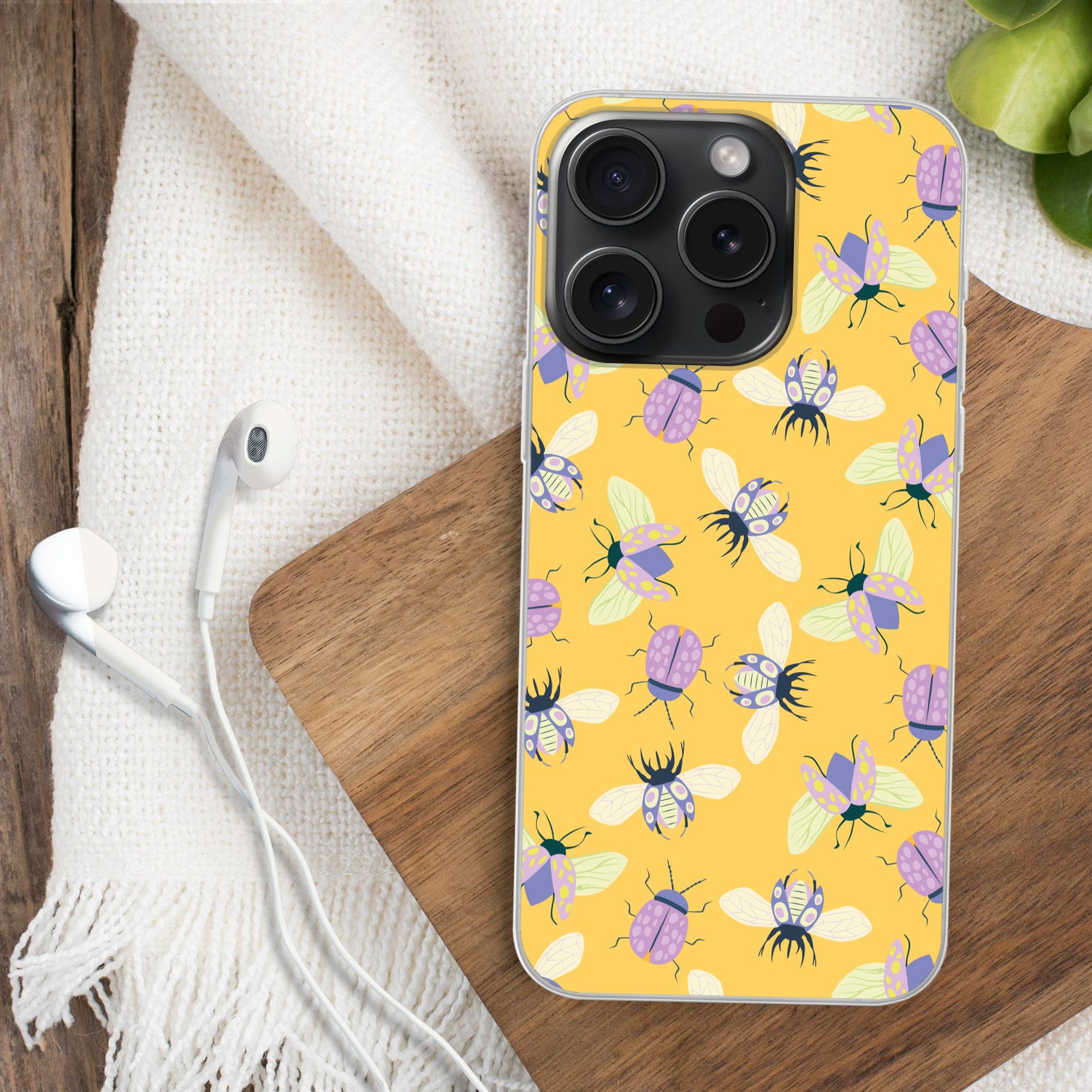 MuchoWow Handyhülle für Apple iPhone 15 Pro Insekten - Muster - Gelb - Lila - Farbenfroh, Smartphone-Bumper, Print, Handy Schutzhülle Dünn