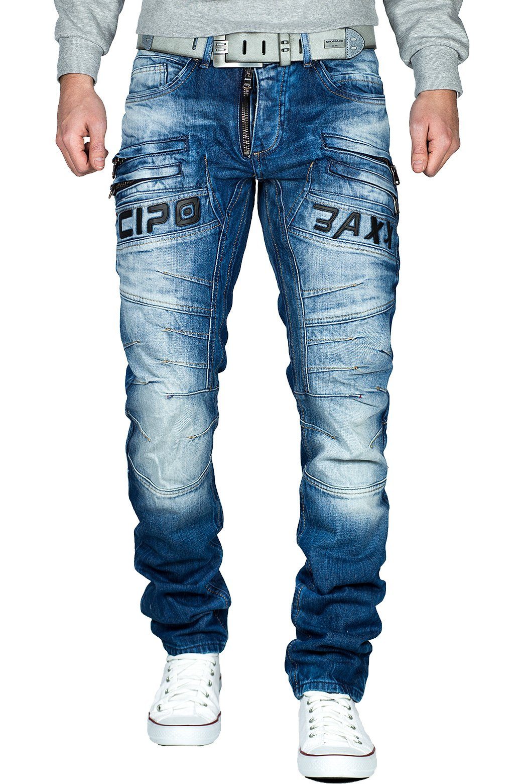 Cipo & Baxx Regular-fit-Jeans BA-CD491 Freizeithose mit sichtbaren Zippern mit diversen Zippern und Schriftzug