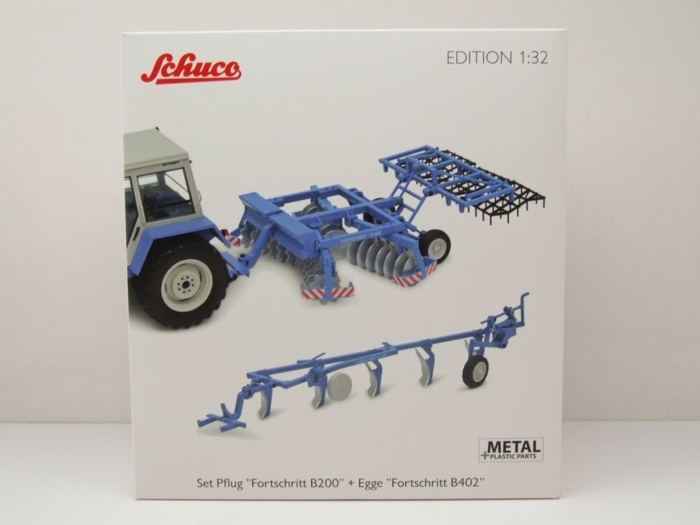 Schuco Modelltraktor Set Pflug Fortschritt B200 und Egge B402 blau, Maßstab 1:32