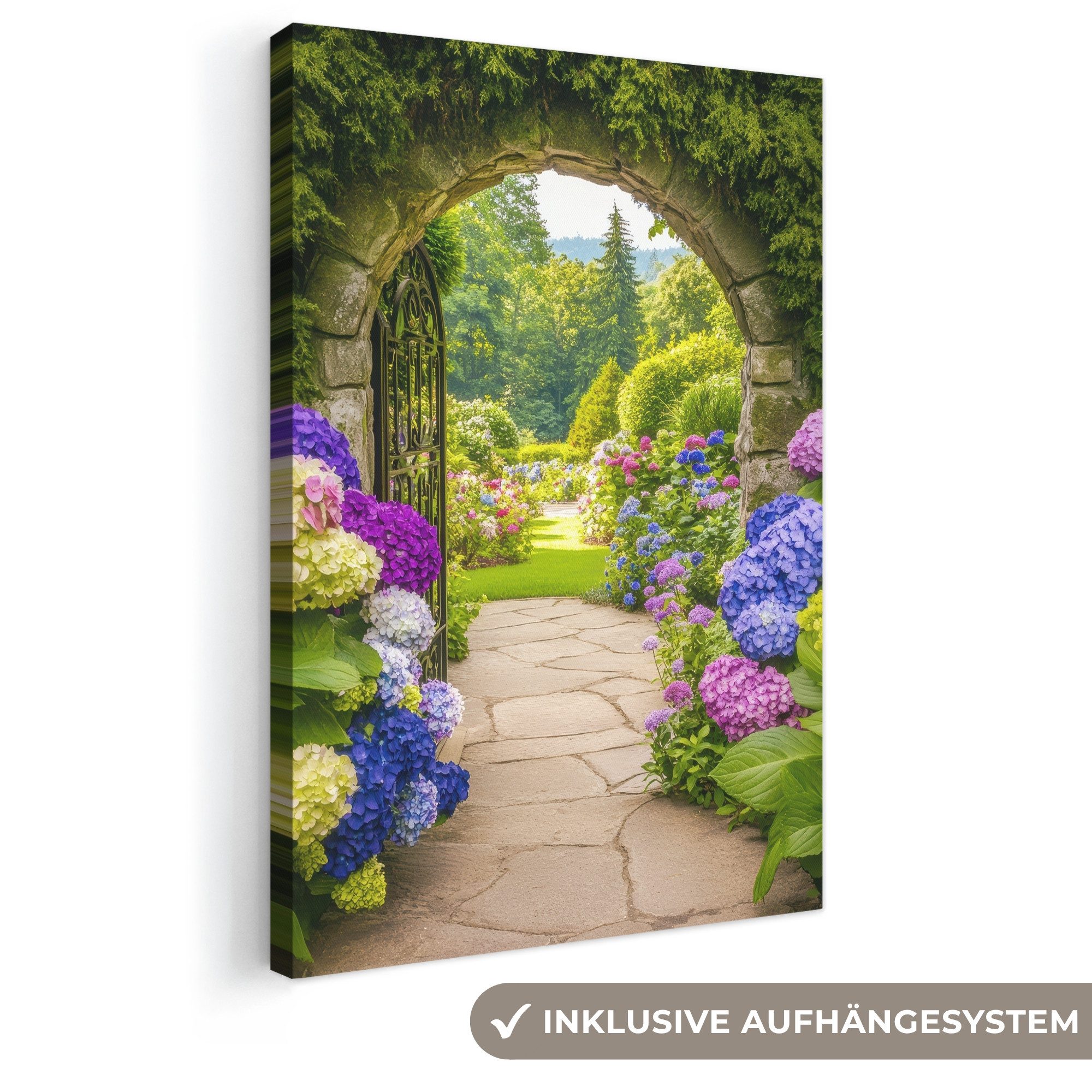OneMillionCanvasses® Leinwandbild Aussicht - Tor - Hortensie - Blumengarten, Fotodruck (1 St), Leinwand Canvas Wandbild, Wanddekoration 20x30 cm