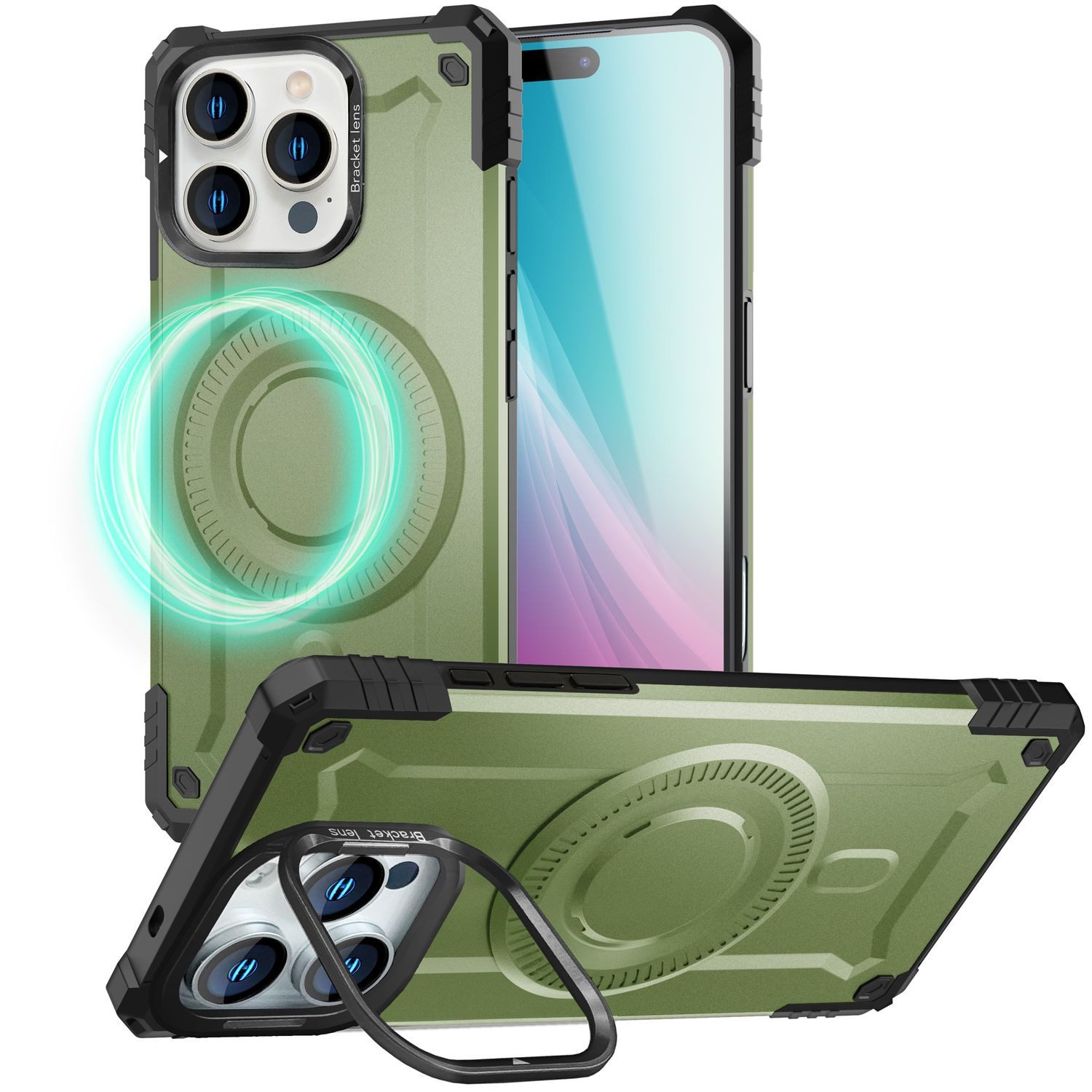 Nalia Smartphone-Hülle Apple iPhone 16 Pro 16 cm (6,3 Zoll), Granite / Militär Panzerhülle / MagSafe / Kamera Stand / Extrem Schutz