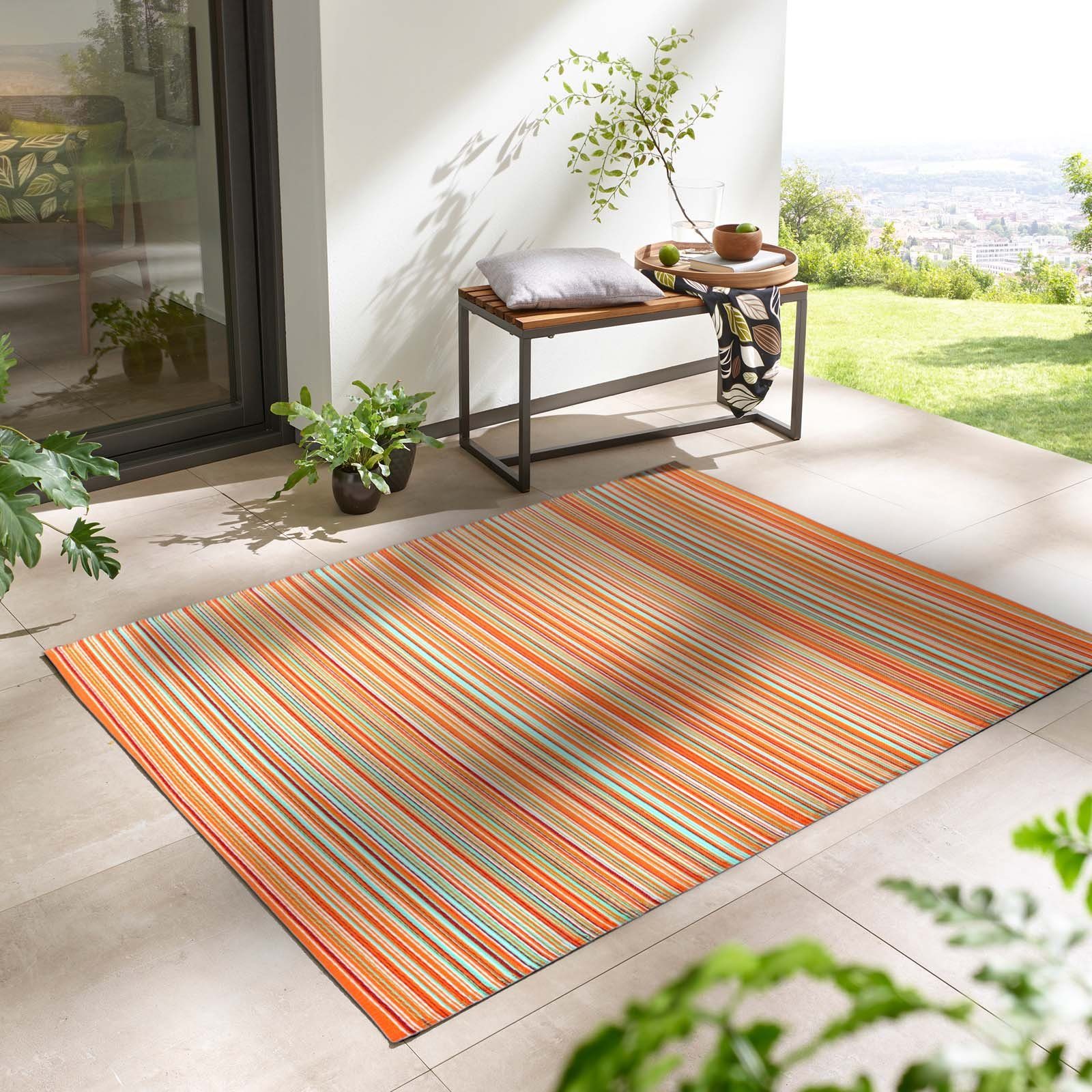 Teppich TaraCarpet Outdoor Teppich Santa Monica wetterfest, TaraCarpet, rechteckig, Höhe: 3 mm, Kurzflor orange gestreift Balkon Garten Terrasse Camping 120x170 cm