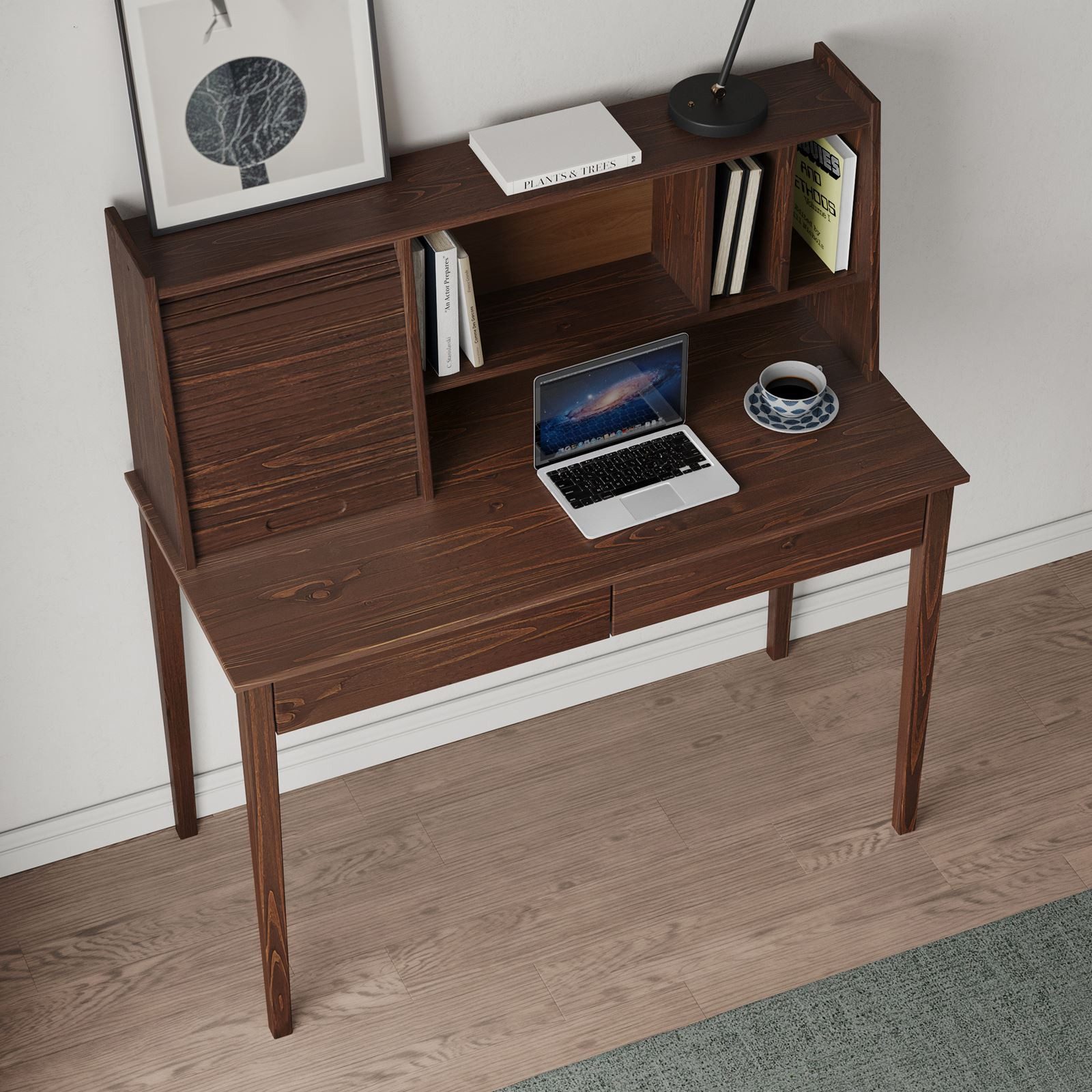 IDIMEX Schreibtisch ALISA, Massivholz Schreibtisch mit 2 Schubladen und Rollladen Nussbaum Finish