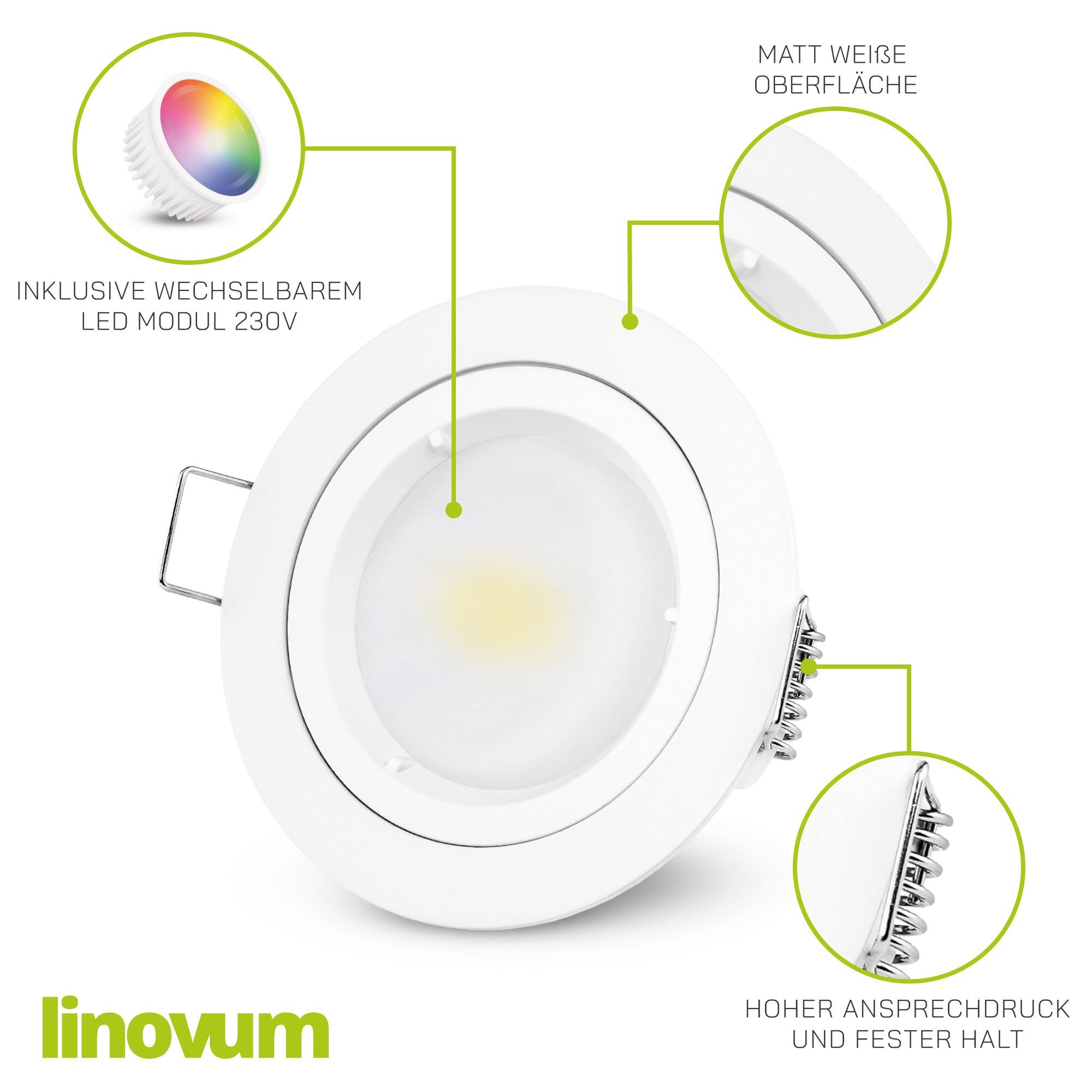 flacher Leuchtmittel LED, LED Einbaustrahler Einbaustrahler starr inklusive, Extra Set linovum 4er LED weiss inkl. inklusive rund Leuchtmittel
