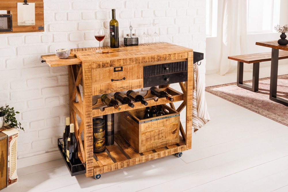 riess-ambiente Barschrank BODEGA 86cm natur/schwarz - Mango, Servierwagen, Weinregal, Stauraum (Einzelartikel, 1-St) Beistellwagen aus Massivholz - ideal für Küche, Esszimmer oder Hausbar