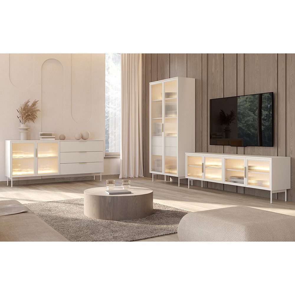 Lomadox Wohnzimmer-Set LEXINGTON-167, (Mega-Spar-Set, 3-St., Vitrine Kommode Lowboard inkl. LED-Beleuchtung), kaschmir, viel Strauraum, LED-Beleuchtung