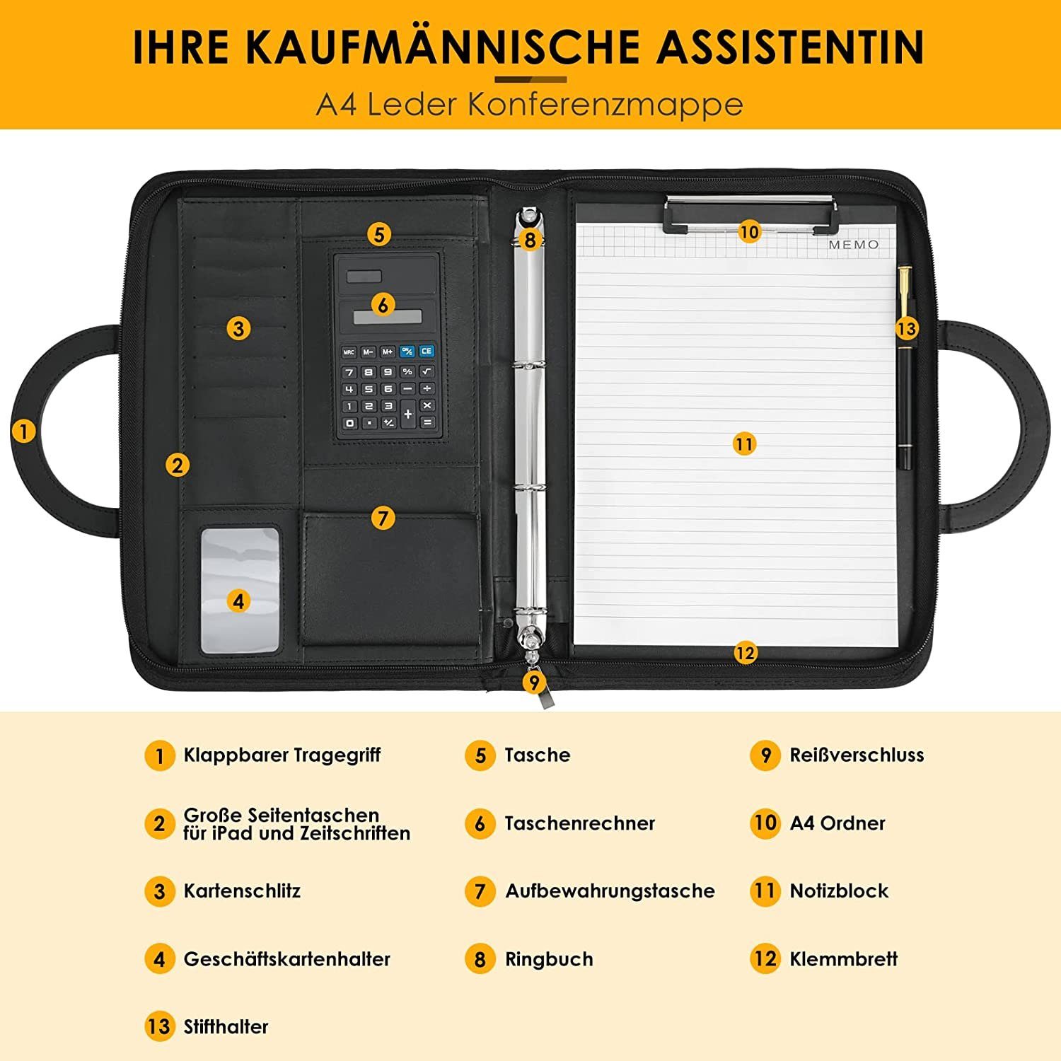 TLGREEN Konferenzmappe A4 Schreibmappe mit Reißverschluss (1-St), Wasserdicht Dokumentenmappe mit Ringbuch – Bild 3 von 5
