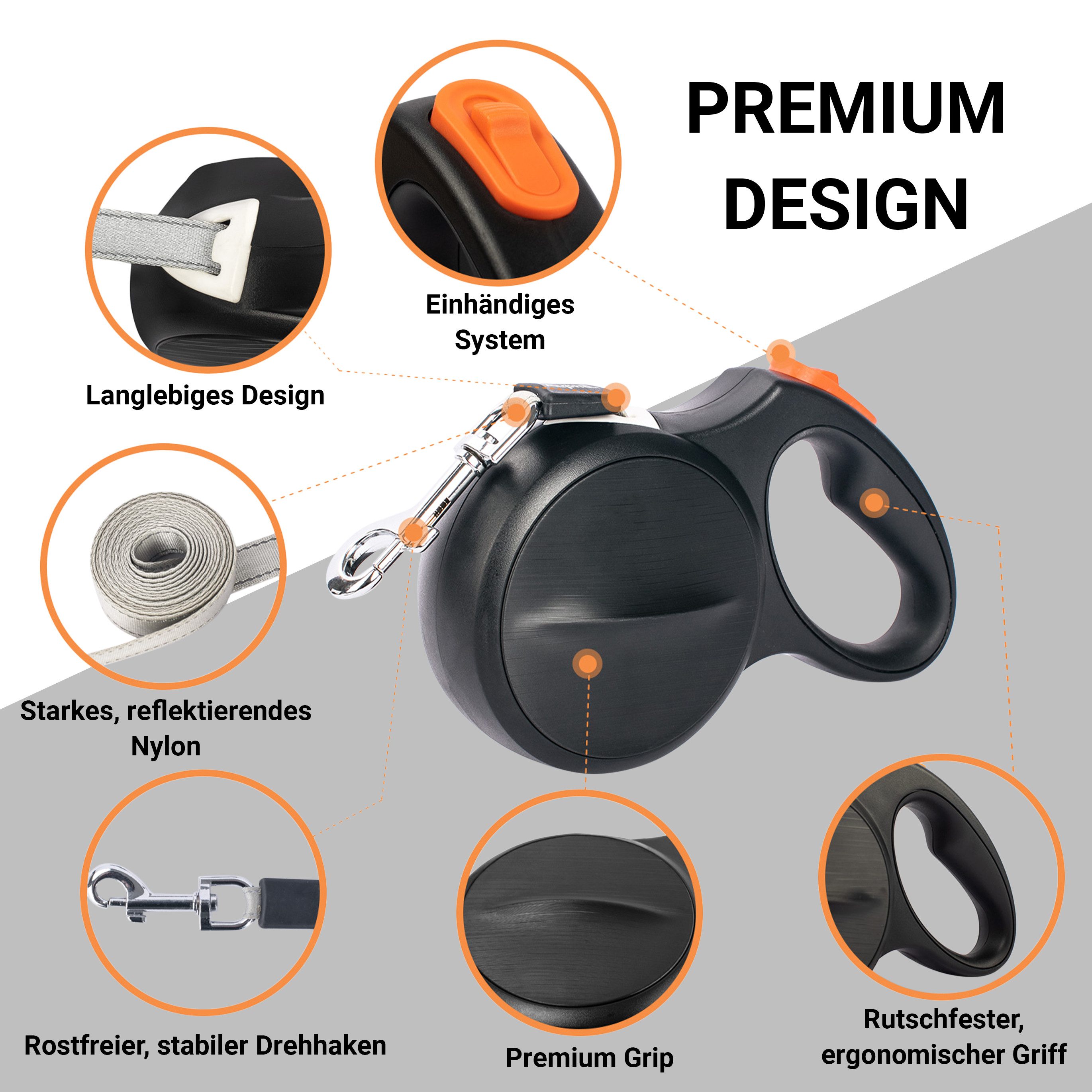 FinoPet Hundeleine große Hunde und mittelgroße bis 55 KG, 5m Leine, Rollleine, Laufleine, (1-tlg), Leine Hund ausziehbar und neuartiges automatisches Bremssystem