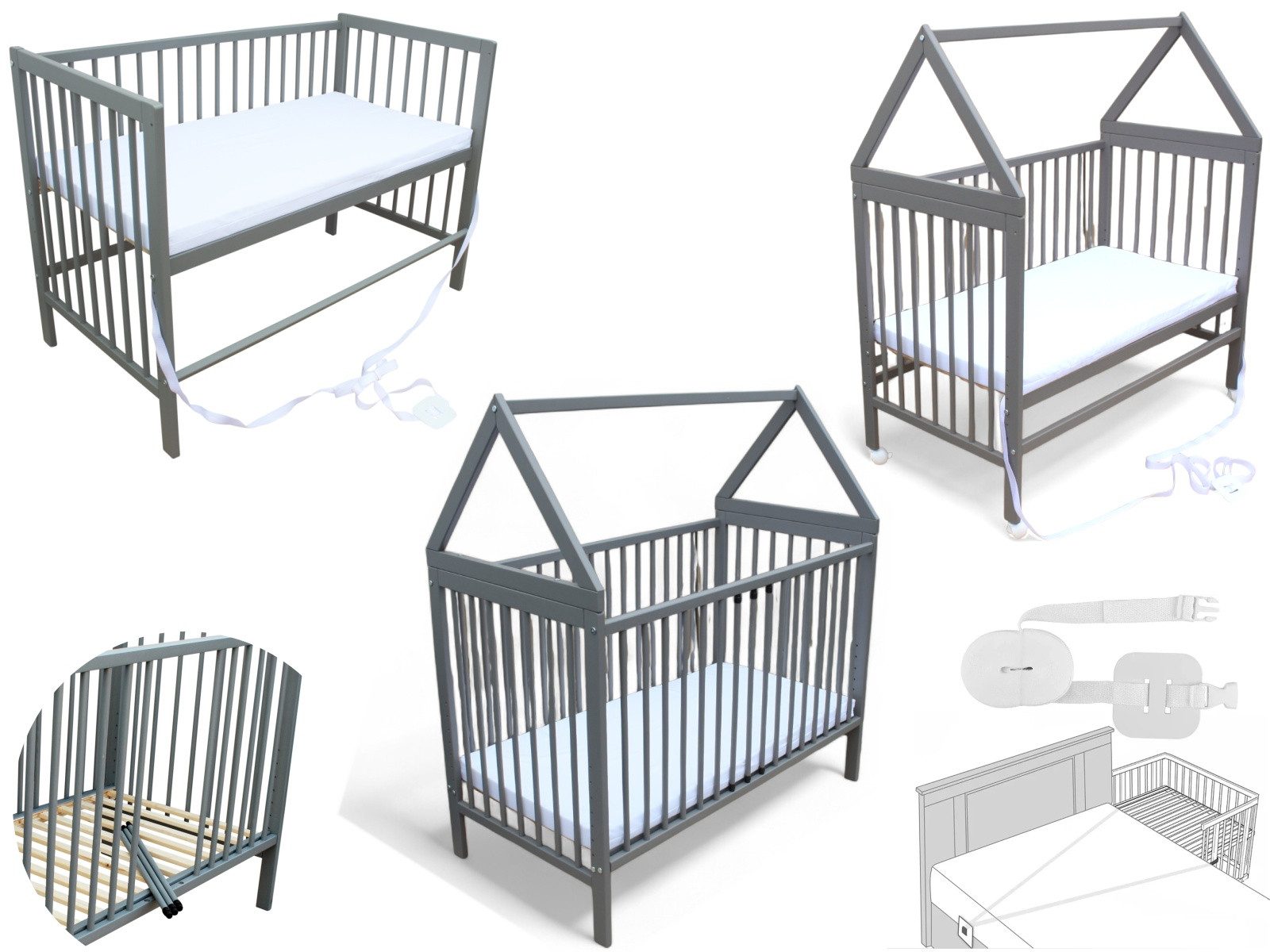 Micoland Kinderbett Kinderbett Beistellbett Haus 120x60 cm + Matratze, Gurt und Räder, Massivholz, umbaubares Bett/Beistellbett