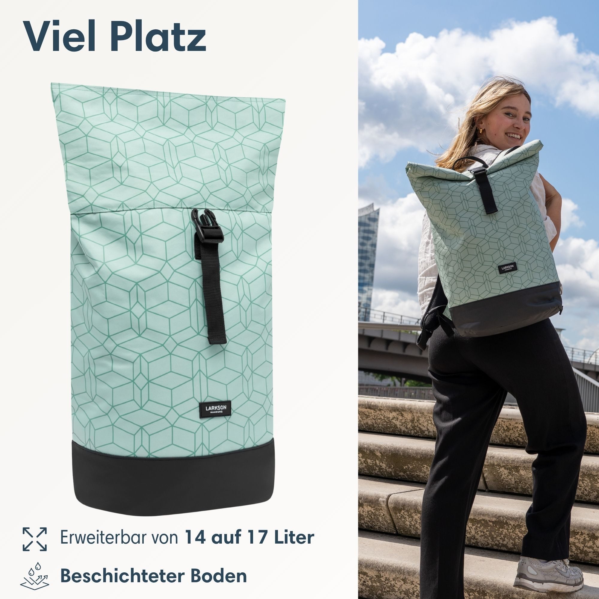 LARKSON Cityrucksack Janne Tagesrucksack 14-17 Liter für Damen & Herren (1-tlg), Flexible Größe, Gepolstertes Laptopfach, Wasserabweisend