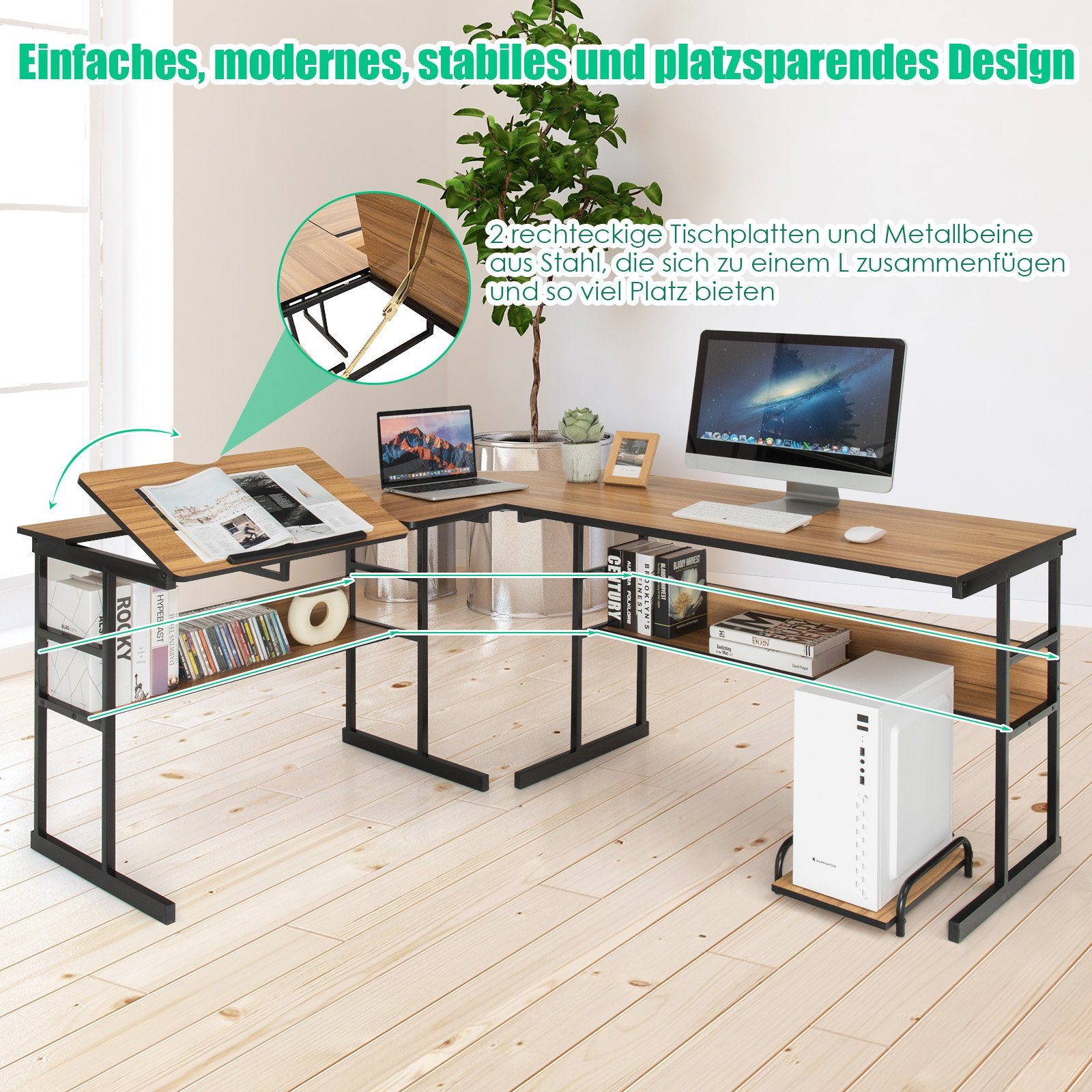 COSTWAY Eckschreibtisch, mit Stauraum, CPU-Ständer & Regal, neigbar, L-förm günstig online kaufen
