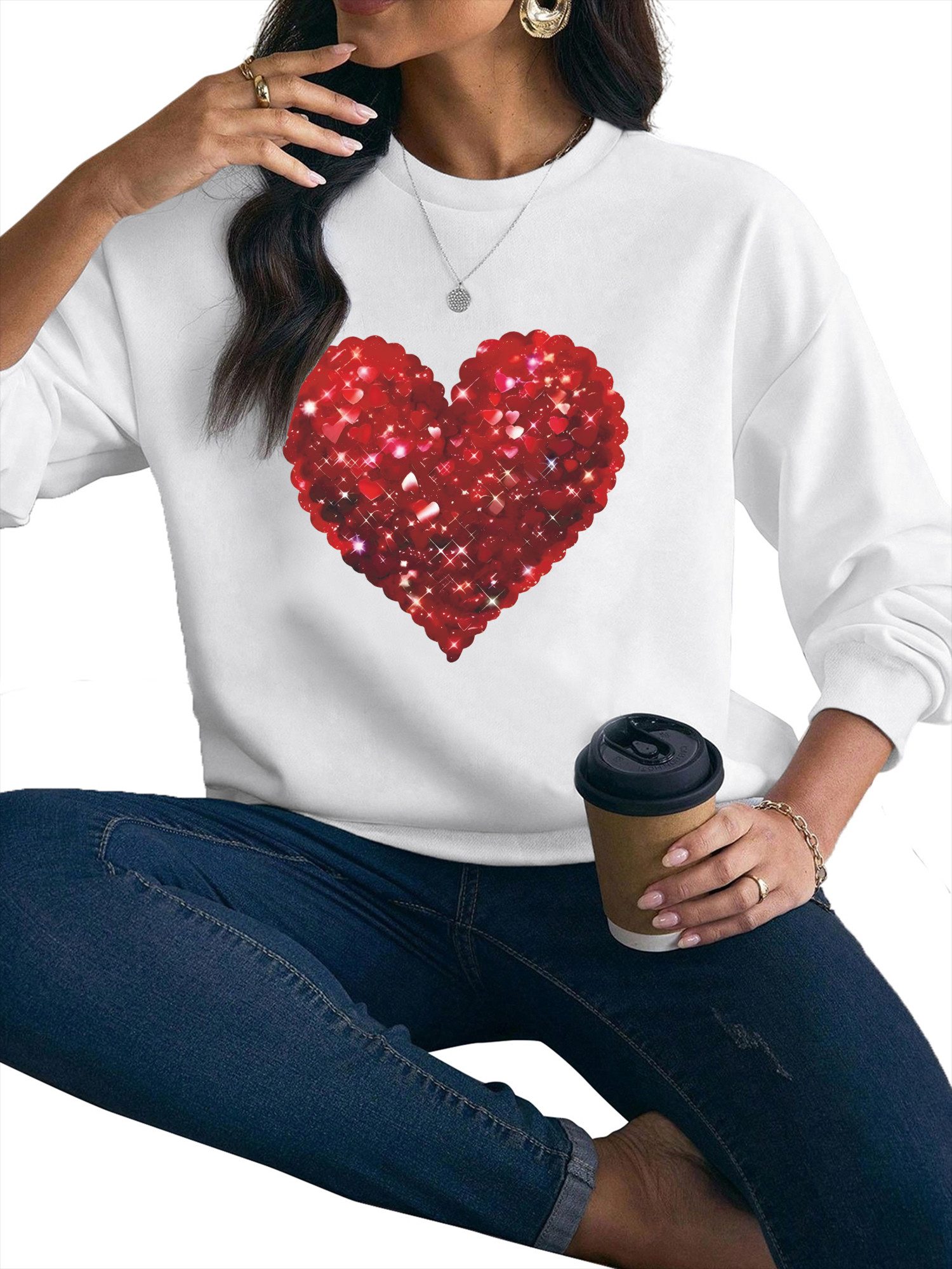 PYLIKE Sweatshirt Damen Valentinstag Sweatshirts mit Druck,Langarm Lose Pul günstig online kaufen
