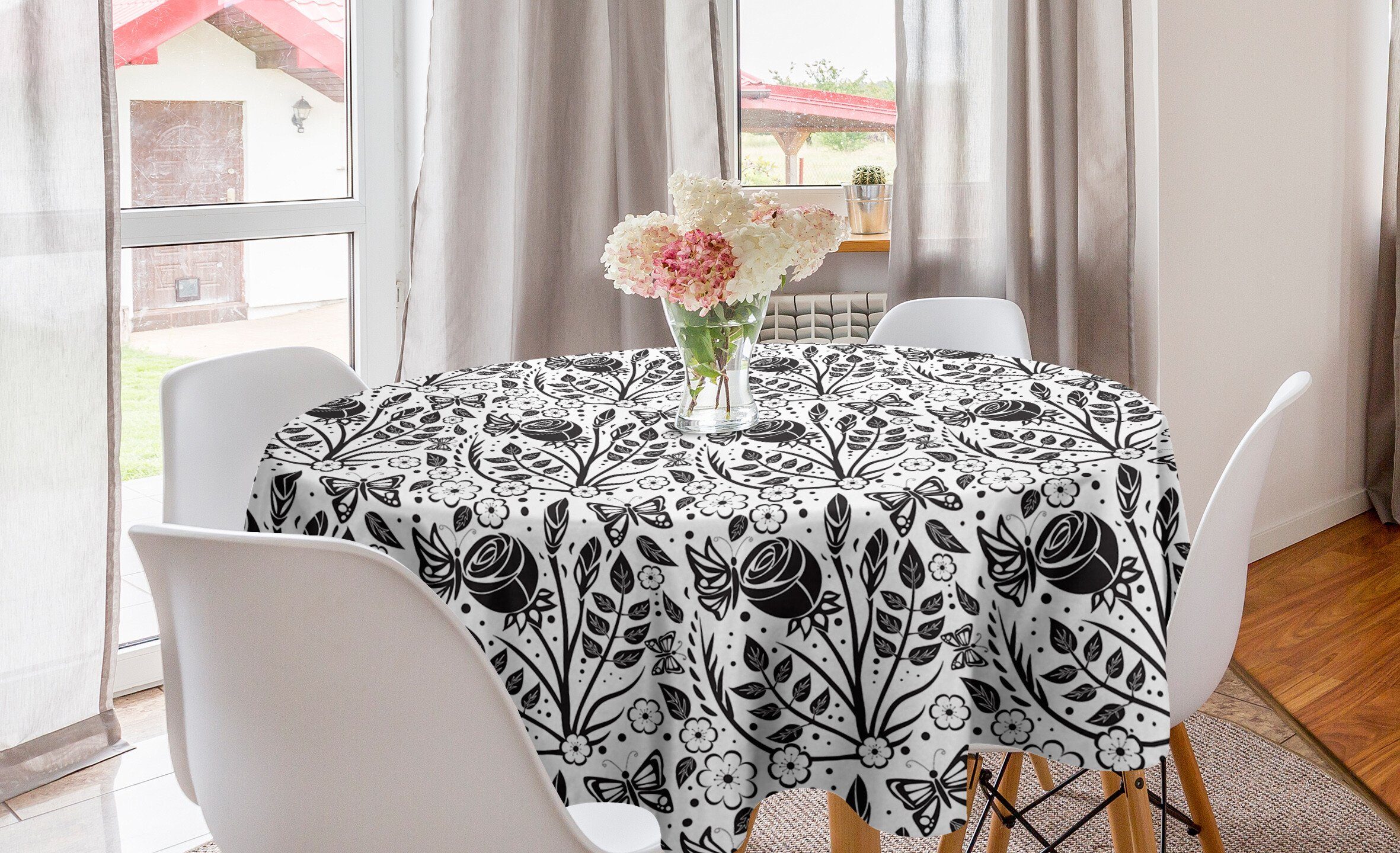 Abakuhaus Tischdecke Kreis Tischdecke Abdeckung für Esszimmer Küche Dekoration, Blumen Monochromatische Schmetterling Rose