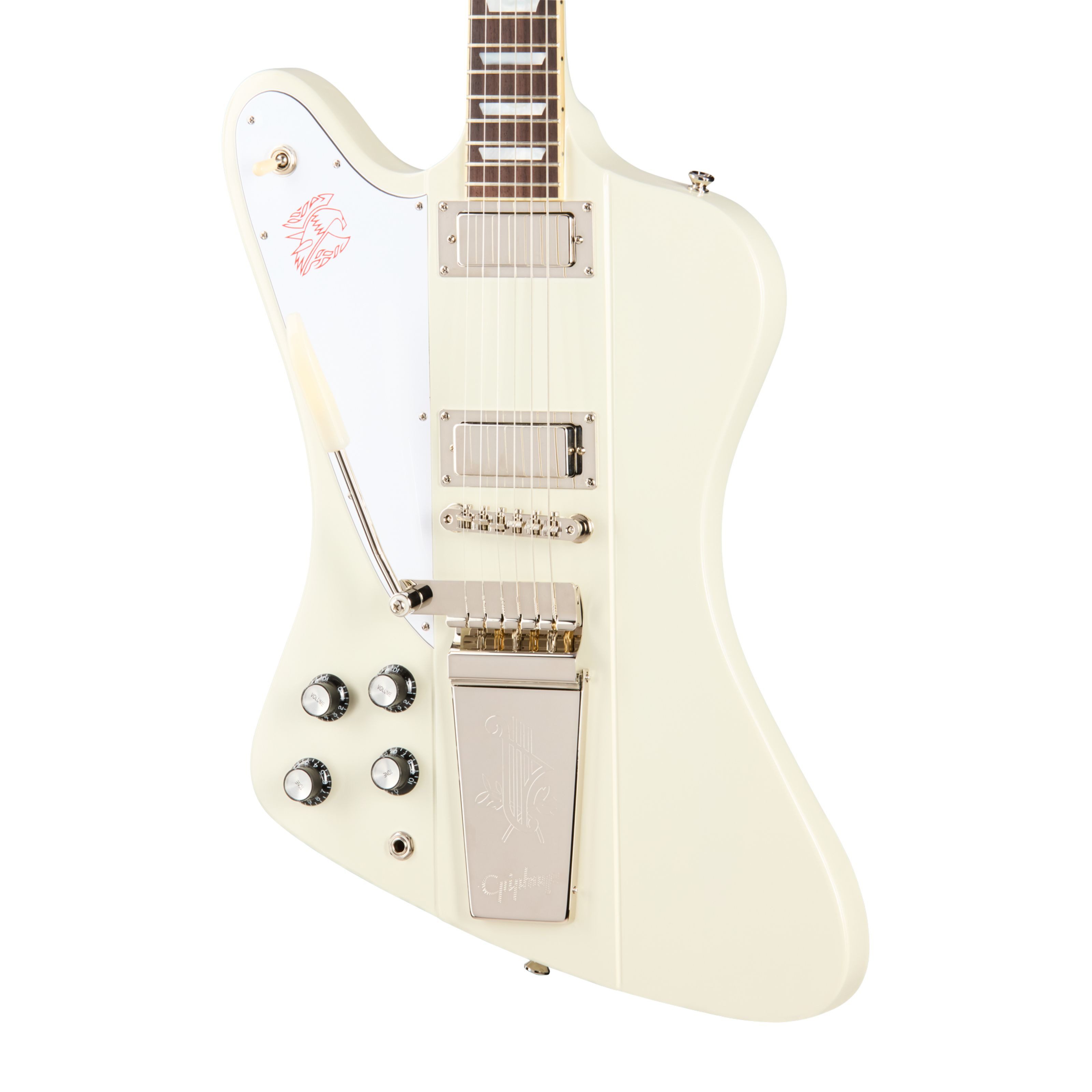 Epiphone E-Gitarre, 1963 Firebird V Maestro Vibrola Reissue Lefthand Polaris White -