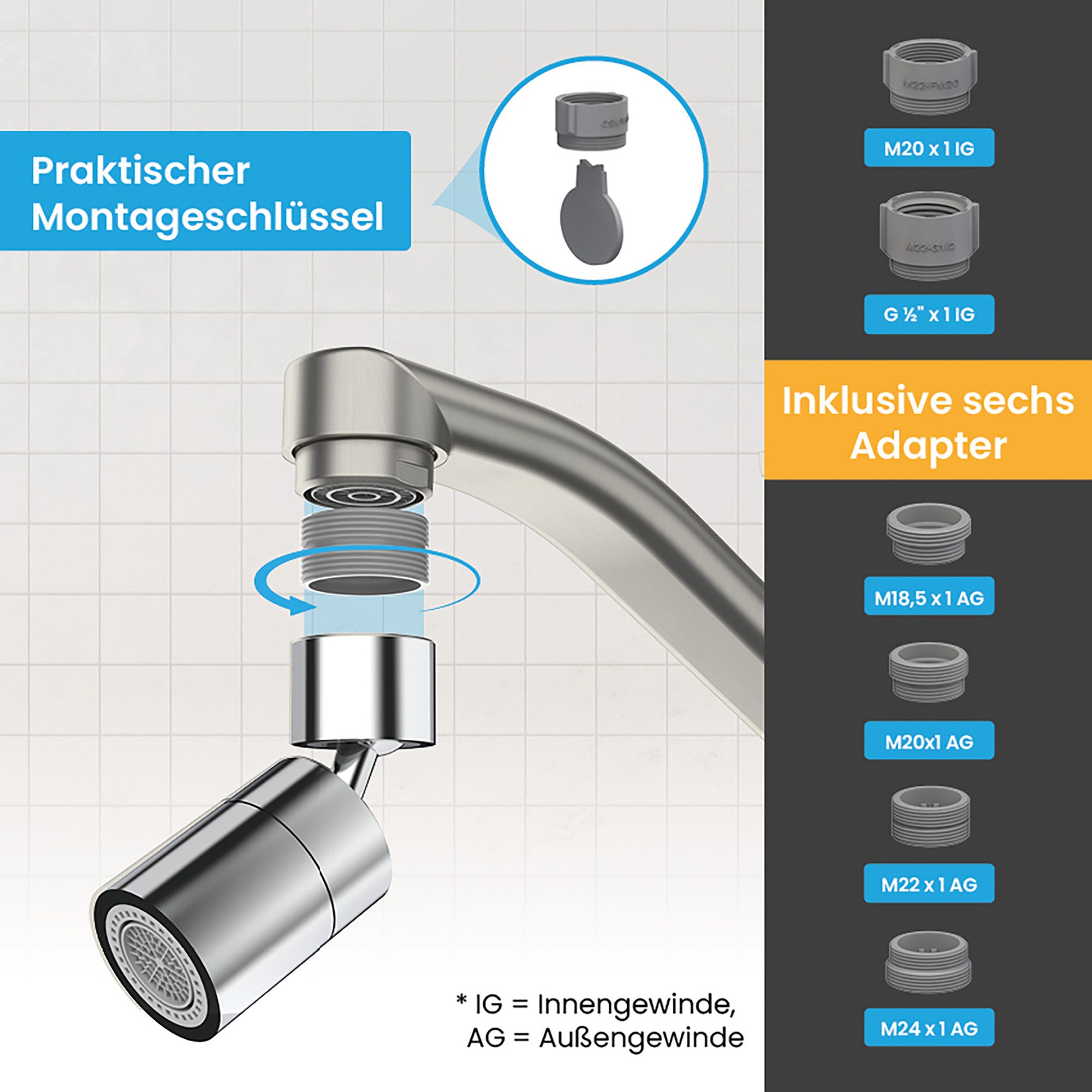 Bächlein Küchenarmatur Hochwertiger Wasserhahnaufsatz mit 2 Strahlarten