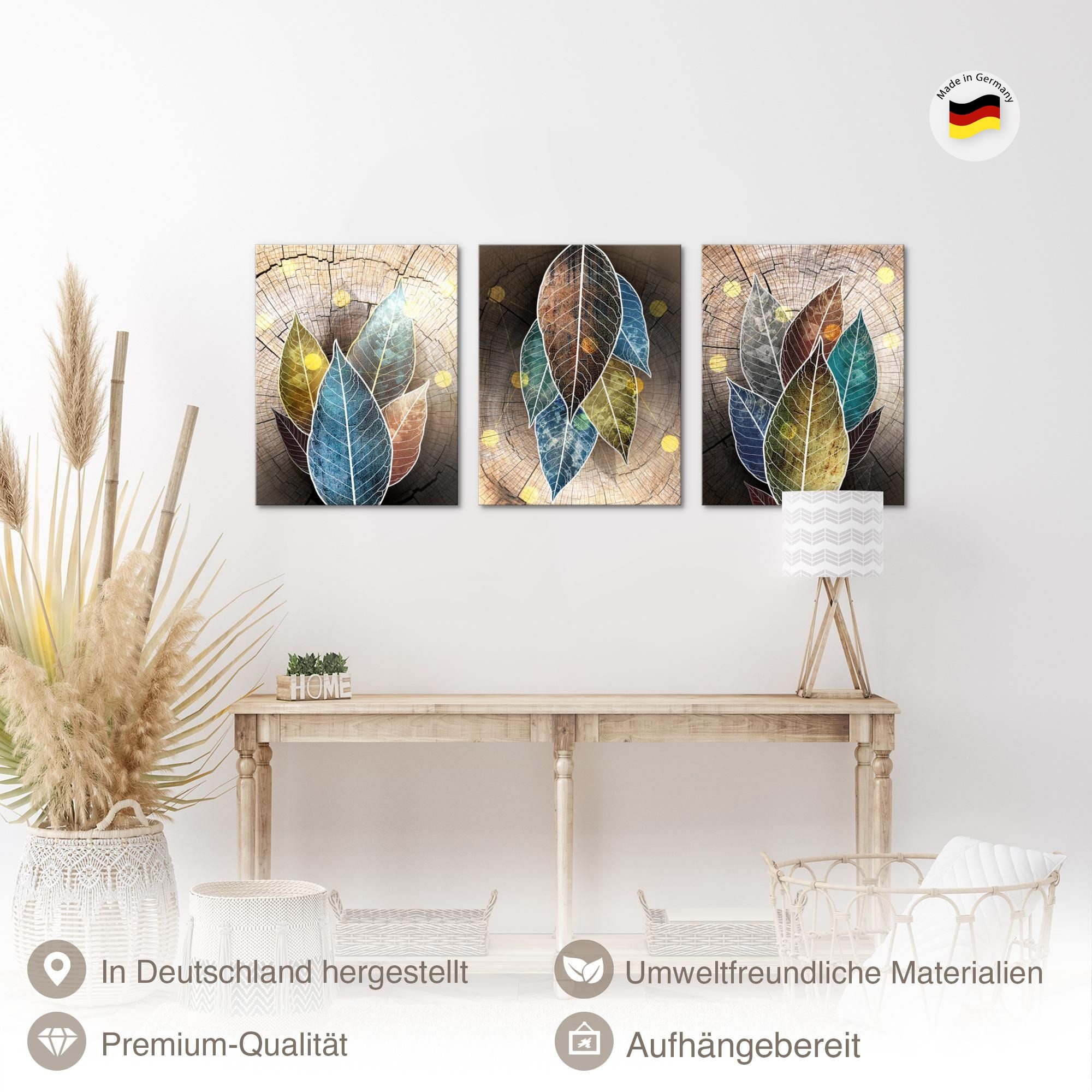 Novart Wandbild Abstrakt Blätter AUFHÄNGFERTIG Flur Deko 3 Moderne Bilder Bunt N0354, 30 x 40 cm - 3 Bilder
