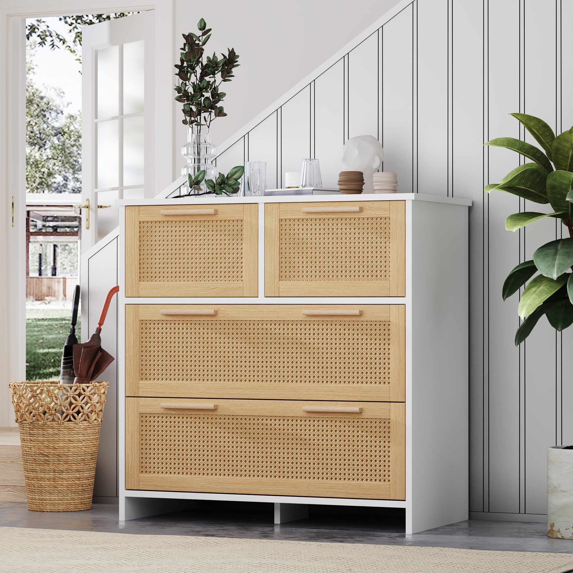 Flieks Sideboard (80x38x80cm, 1 St), 4-Schubladen Rattanschrank Kommode Anrichte Wohnzimmer