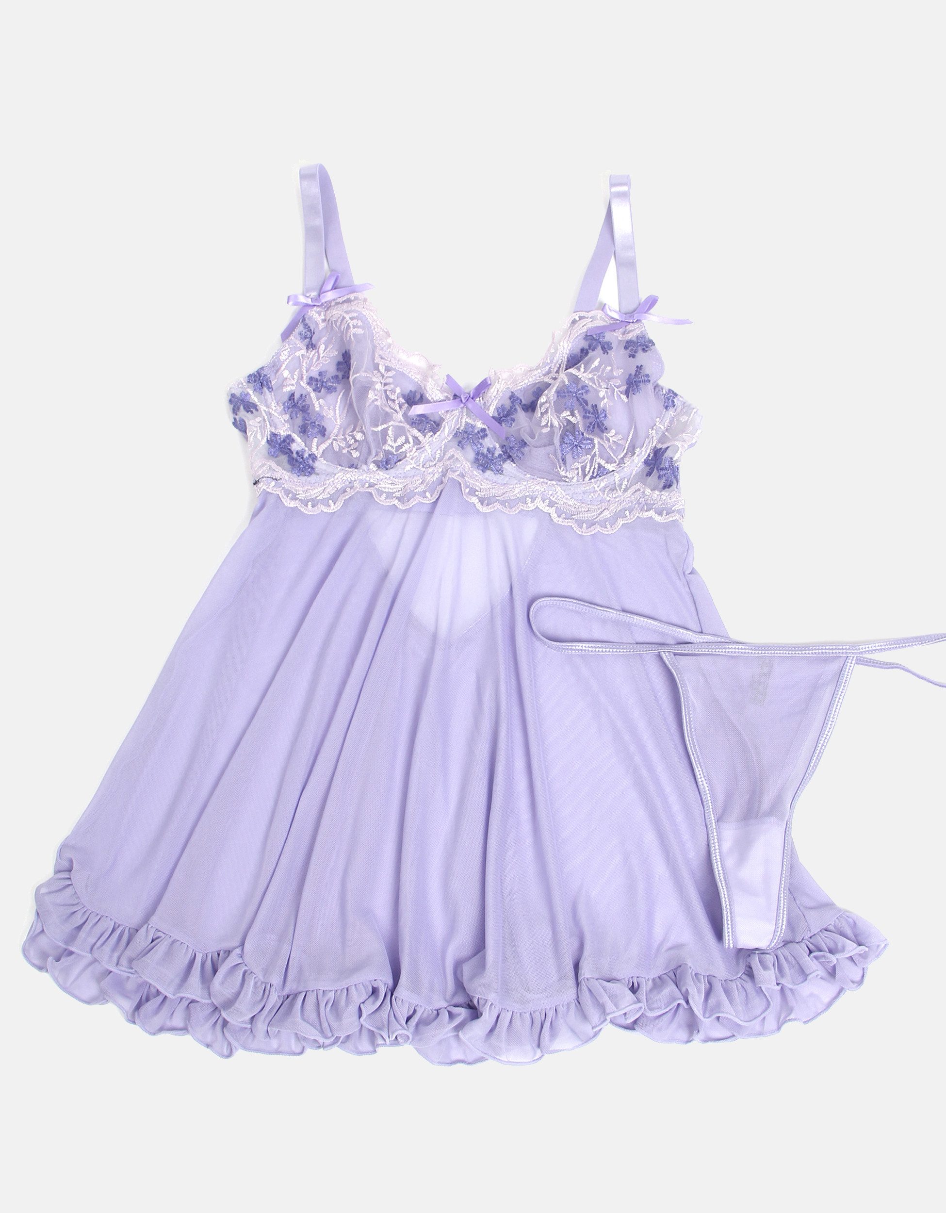 Organza Lingerie Negligé (Babydoll und String) mit Spitze und Bügel, sexy Dessous, Reizwäsche
