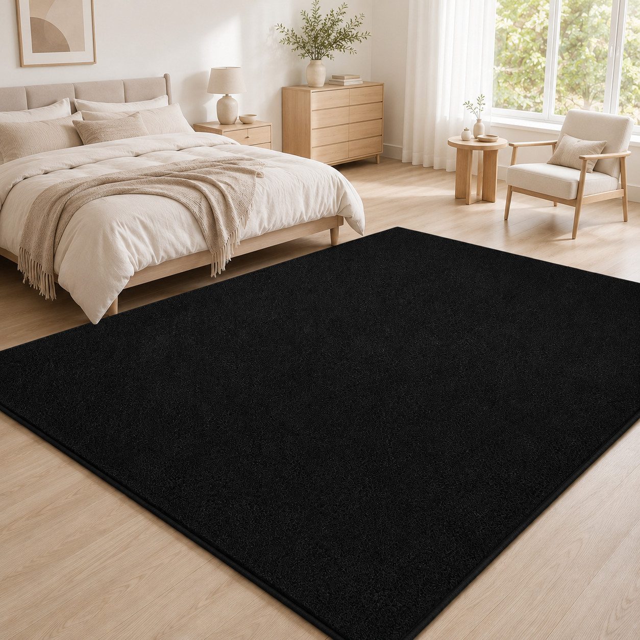 Lochas Designteppich Kurzflor Teppich Uni Schwarz – Weich, rutschfest & waschbar