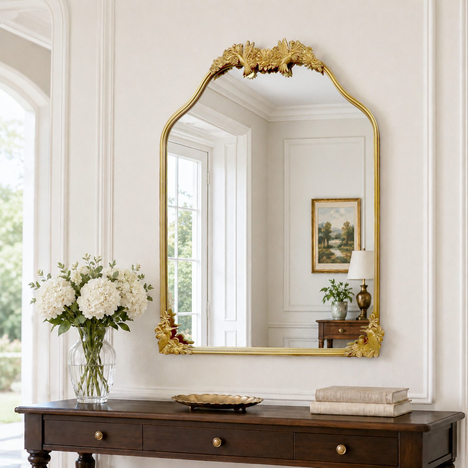 G-LEAF Wandspiegel Eleganter Hängespiegel, Dekospiegel mit Kolibri & Blumen Relief (1-St), für Wohnzimmer, Kamin, Flur und Schminktisch, Gold