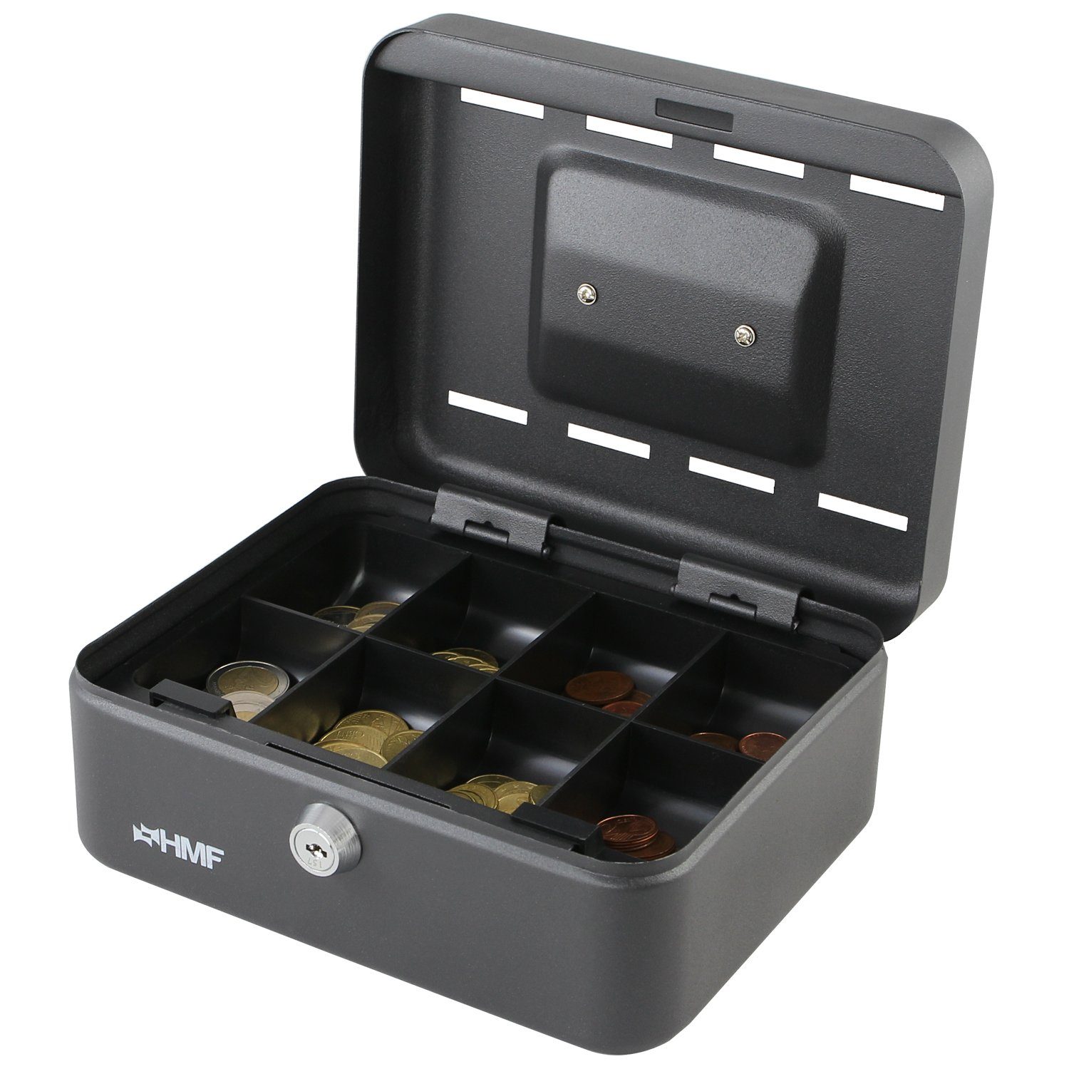 20x16x9 robuste mit Einwurfschlitzen, mit HMF Geldbox schwarz Geldkassette Schlüssel, cm Sparkassette, Bargeldkasse abschließbare