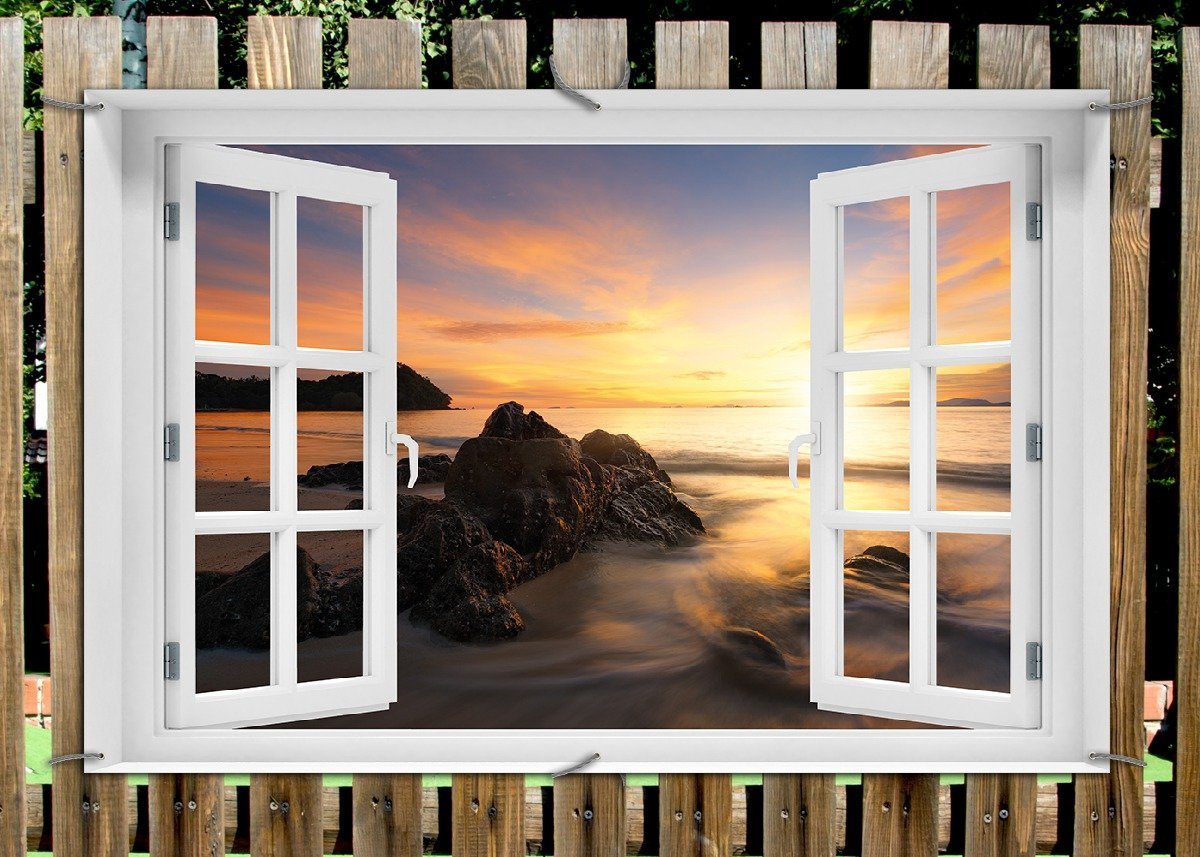 Thumbnail - Wallario Sichtschutzzaunmatten Sonne über dem Meer mit Felsenlandschaft, mit Fenster-Illusion
