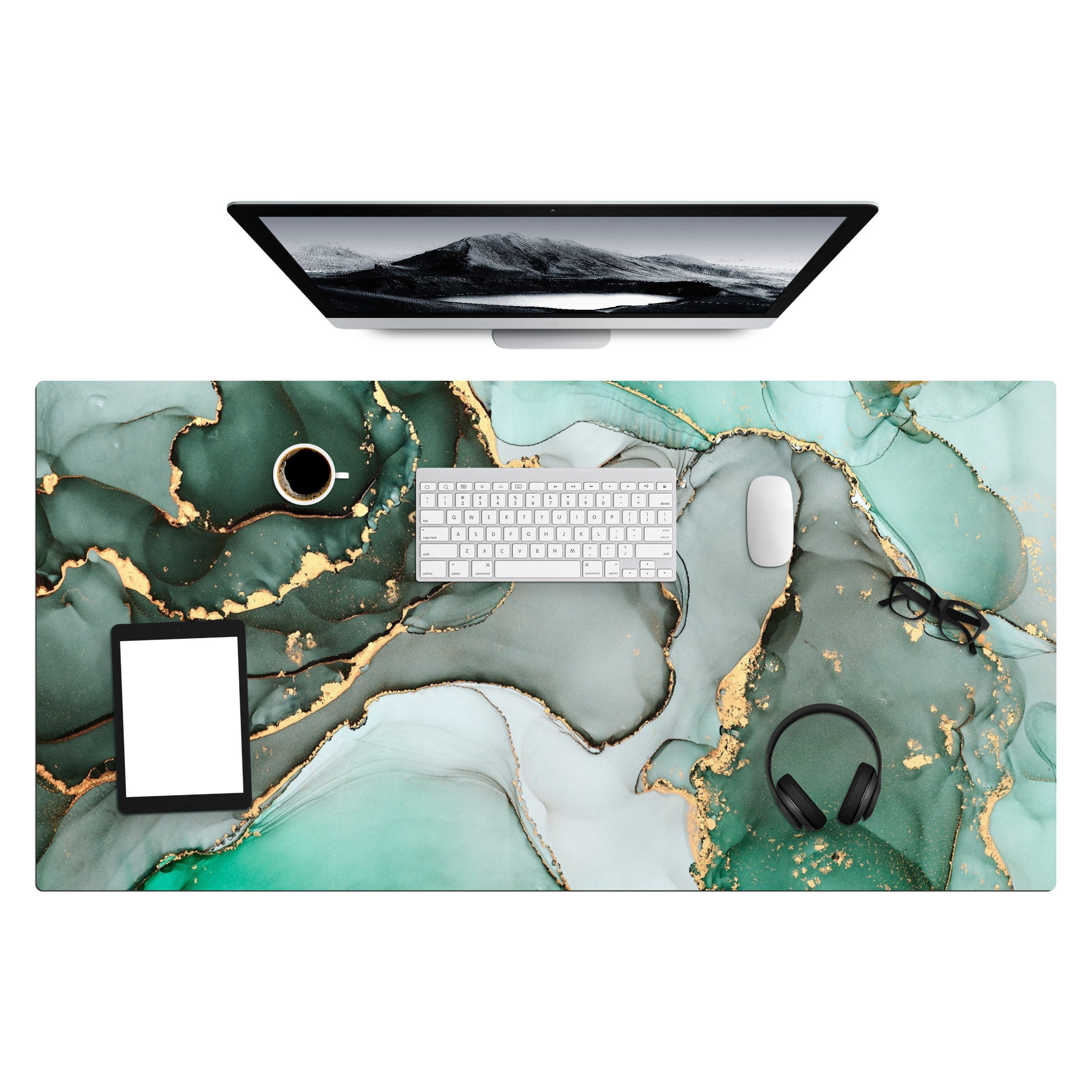 MuchoWow Gaming Mauspad Gold - Marmor - Grün - Luxus - Marmoroptik - Grau (1-St), Gaming Mauspad XXL, Schreibtischunterlage, Gaming Zubehör, 120x60 cm