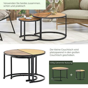 Merax Couchtisch aus Holz im Industrial Minimalistisch Design (2-St), Set rund Rattan Tischplatte Satztisch Wohnzimmertisch