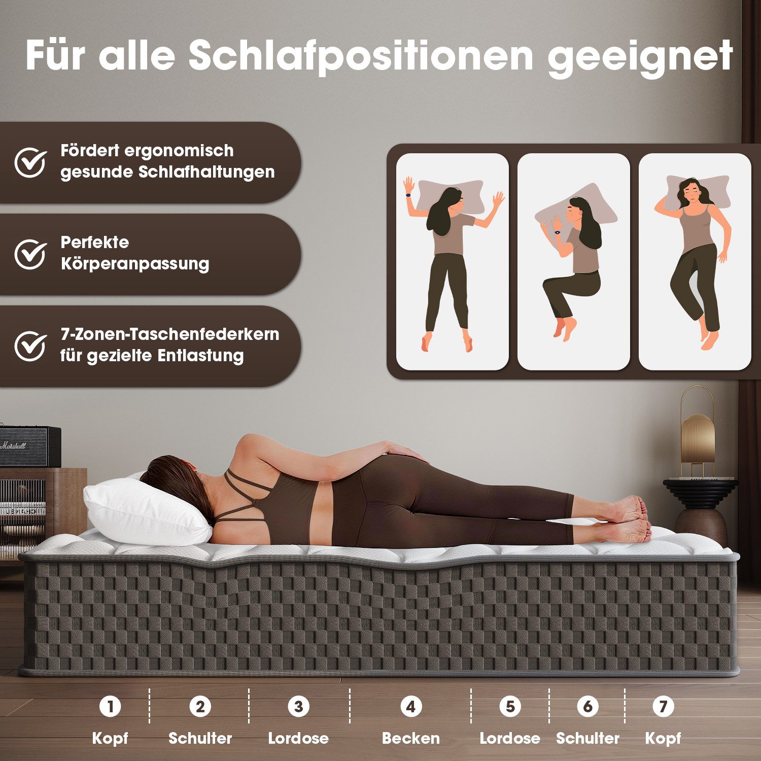Boxspringmatratze Taschenfederkernmatratze Matratze H3, 7-Zone Federkernmatratze, Hiazurm, 22 cm hoch, (Atmungsaktiv, Orthopädische, mit Spannbettlaken, Qualitä – Bild 2 von 5
